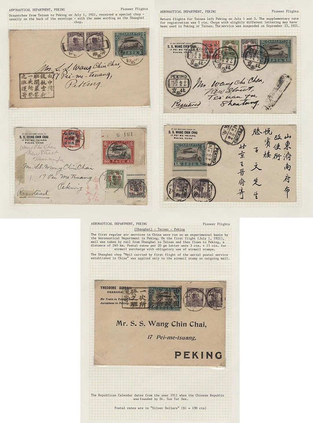 CHINA 1921 (July 1) group of three Tsinan to Peking first flight covers