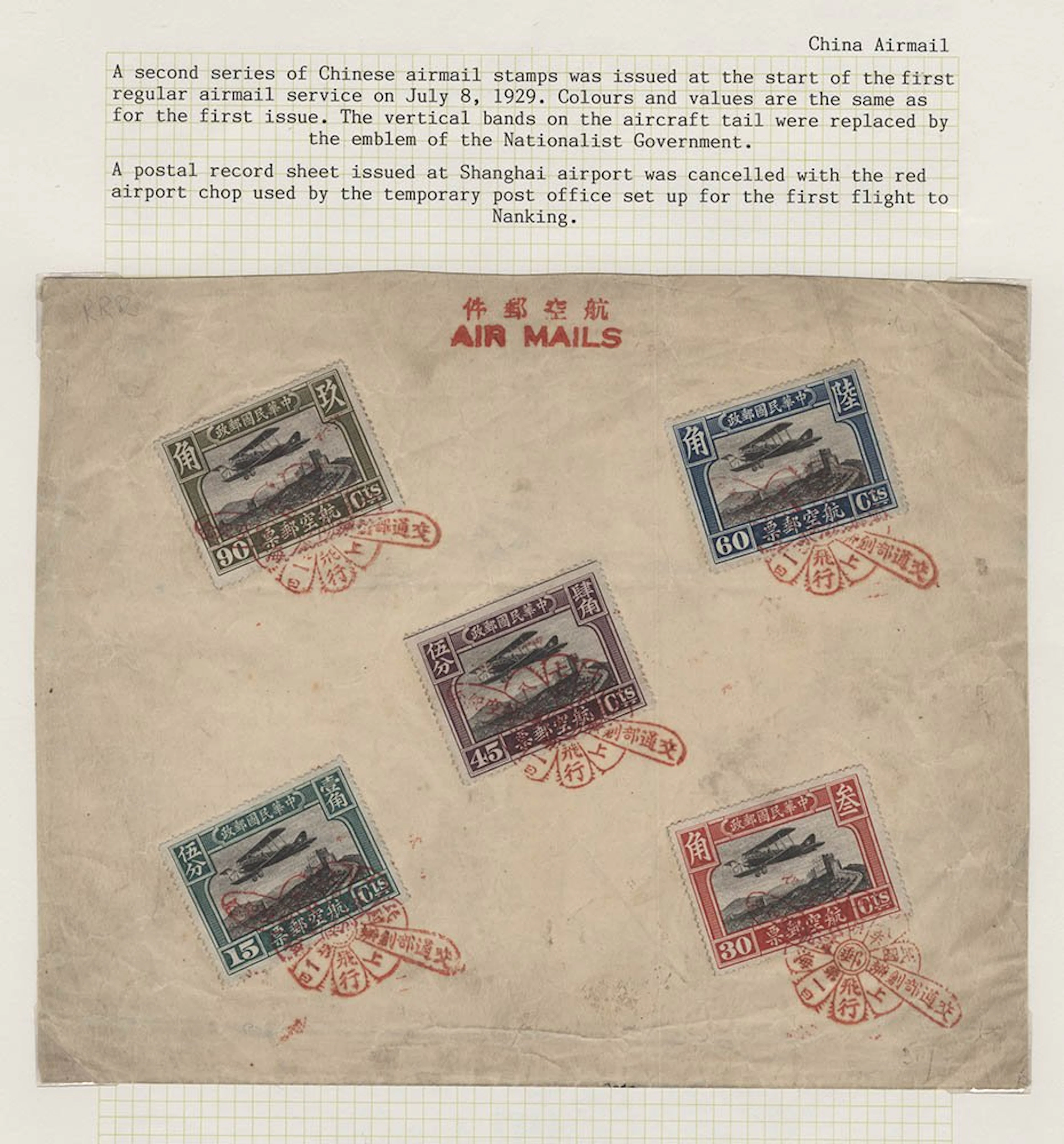 CHINA 1921 Air set (5 vals) affixed to postal record sheet
