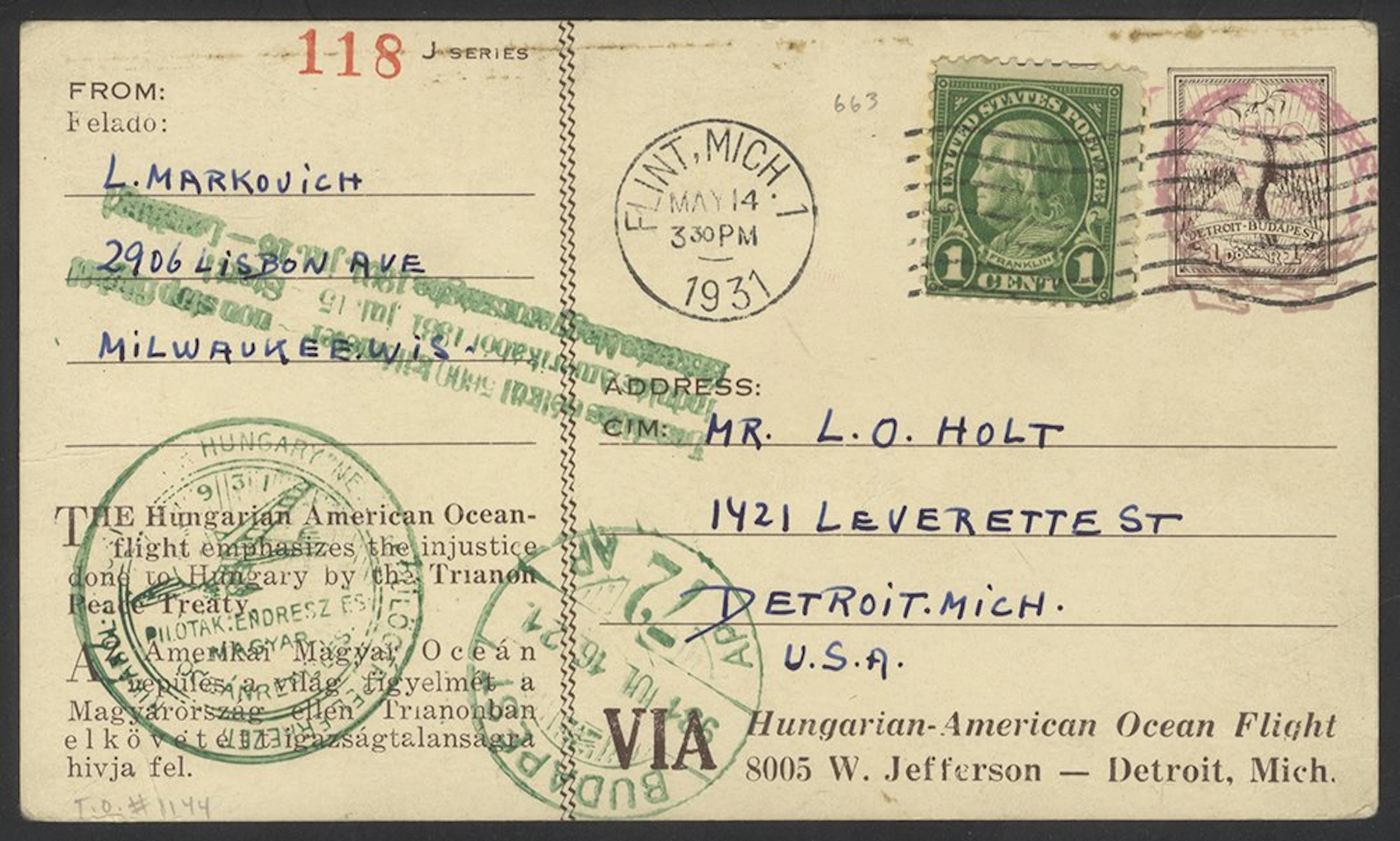 USA 1931 'Justice for Hungary' New York to Budapest via...
