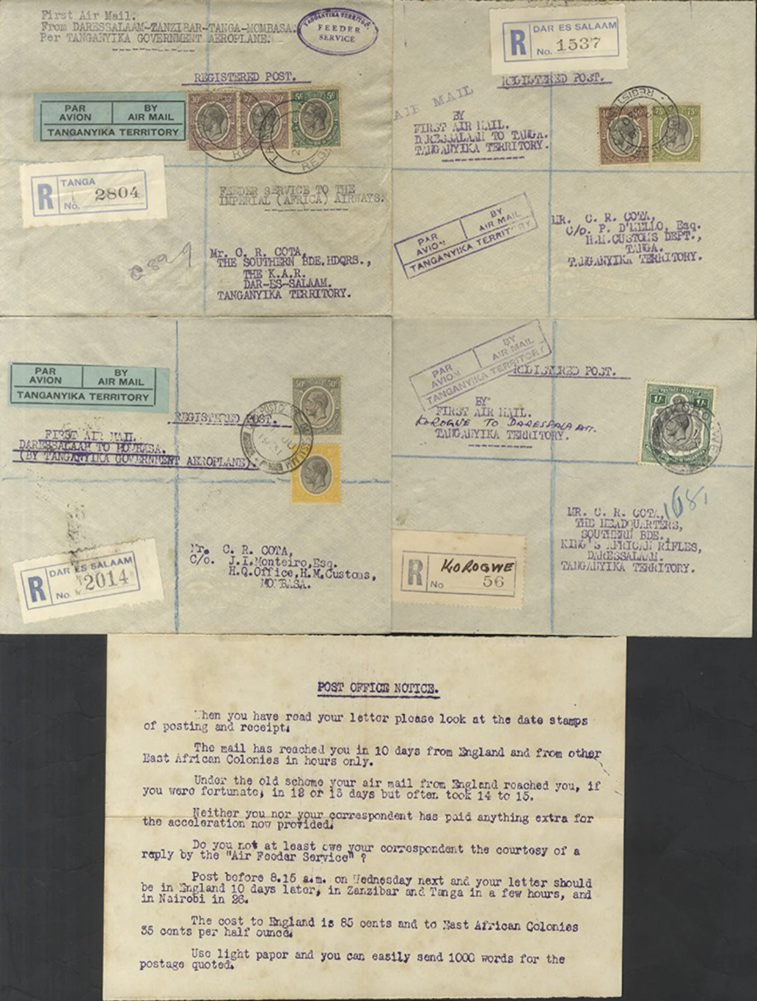 EAST AFRICA Tanganyika Feeder Service 1930 & 1931 reg flight covers incl