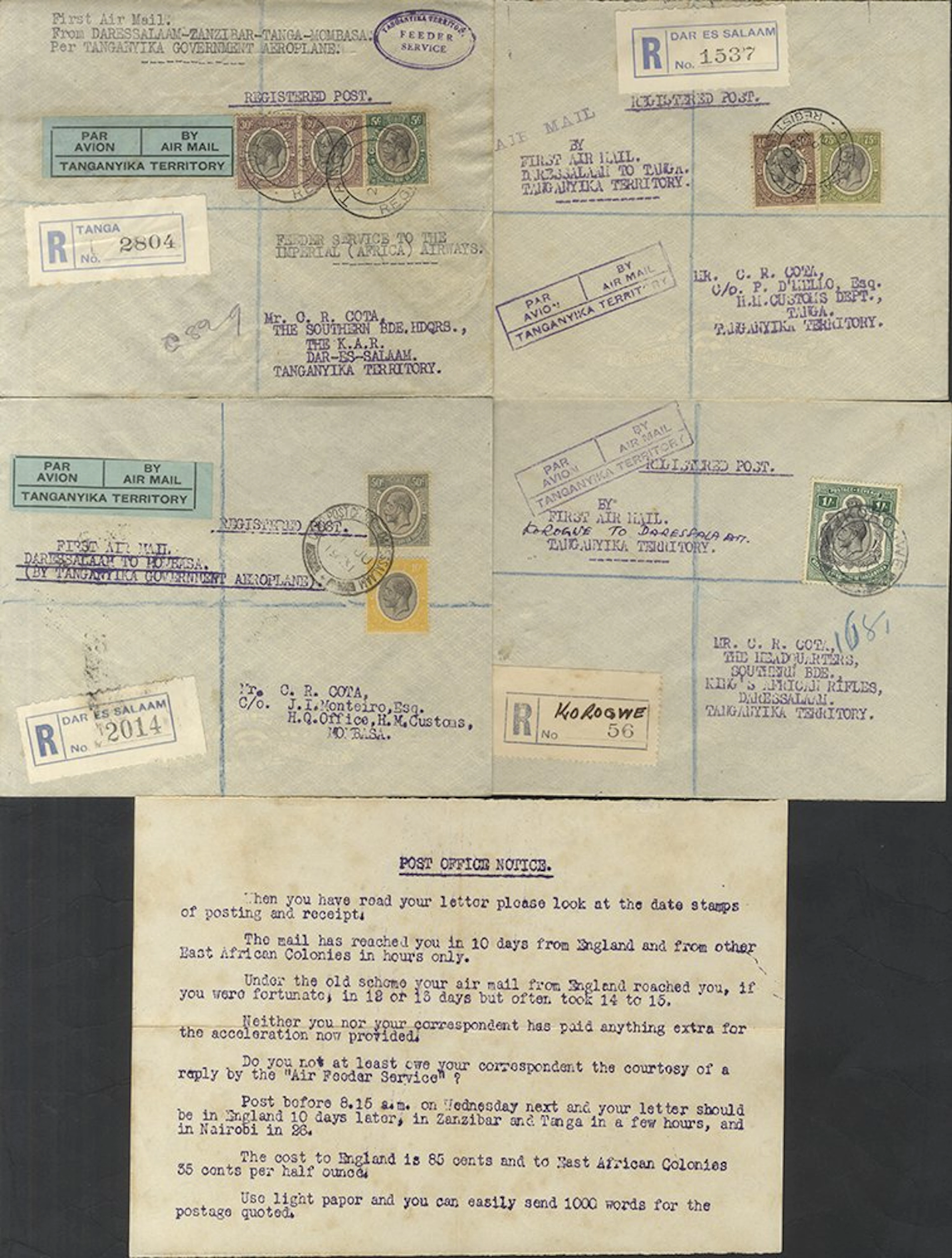 EAST AFRICA Tanganyika Feeder Service 1930 & 1931 reg flight covers incl