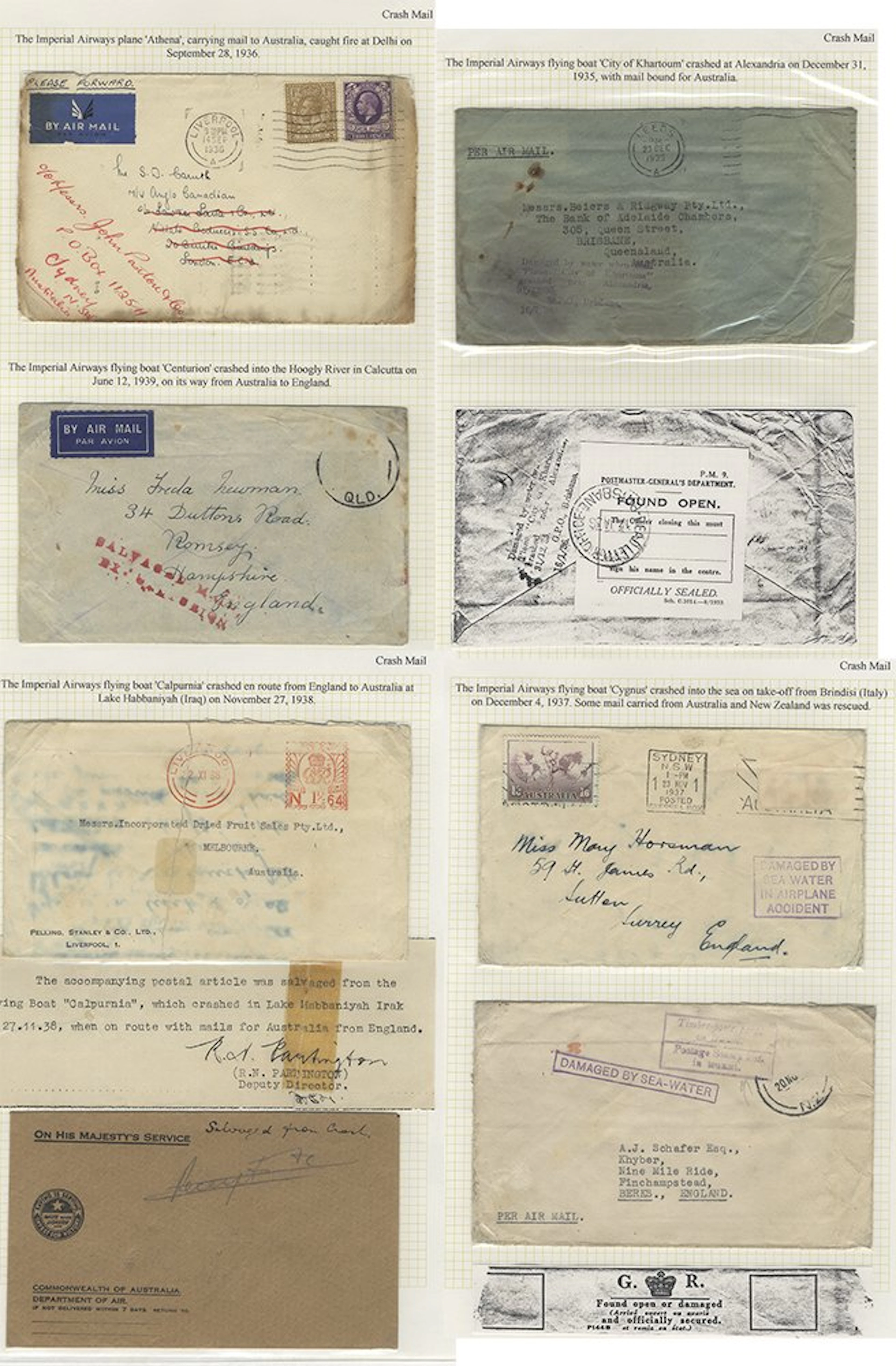 AUSTRALIA 1935-39 group of crash covers (9) written up on leaves incl