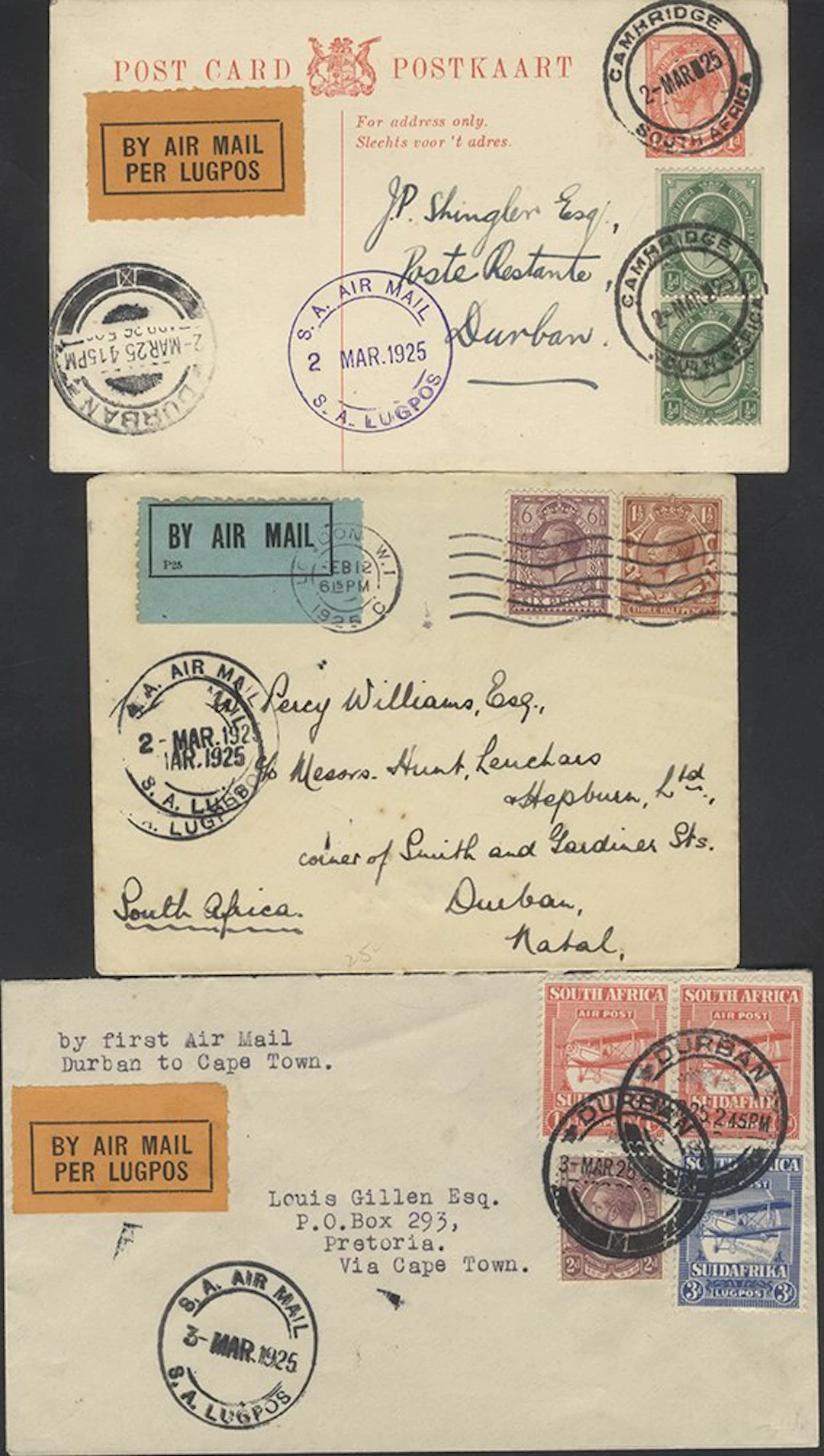 SOUTHERN AFRICA 1925 First Flight Cape Town to Durban