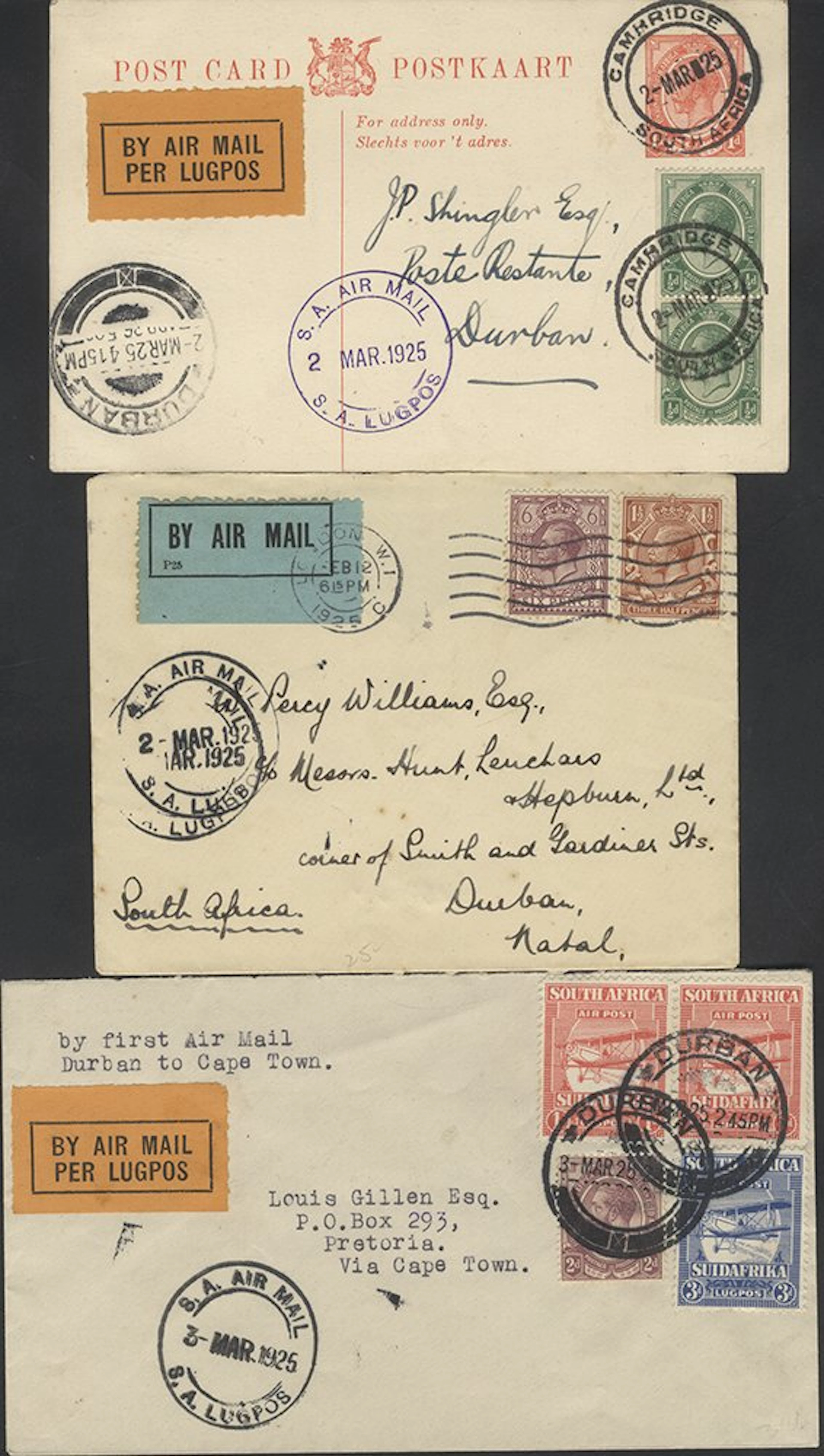 SOUTHERN AFRICA 1925 First Flight Cape Town to Durban