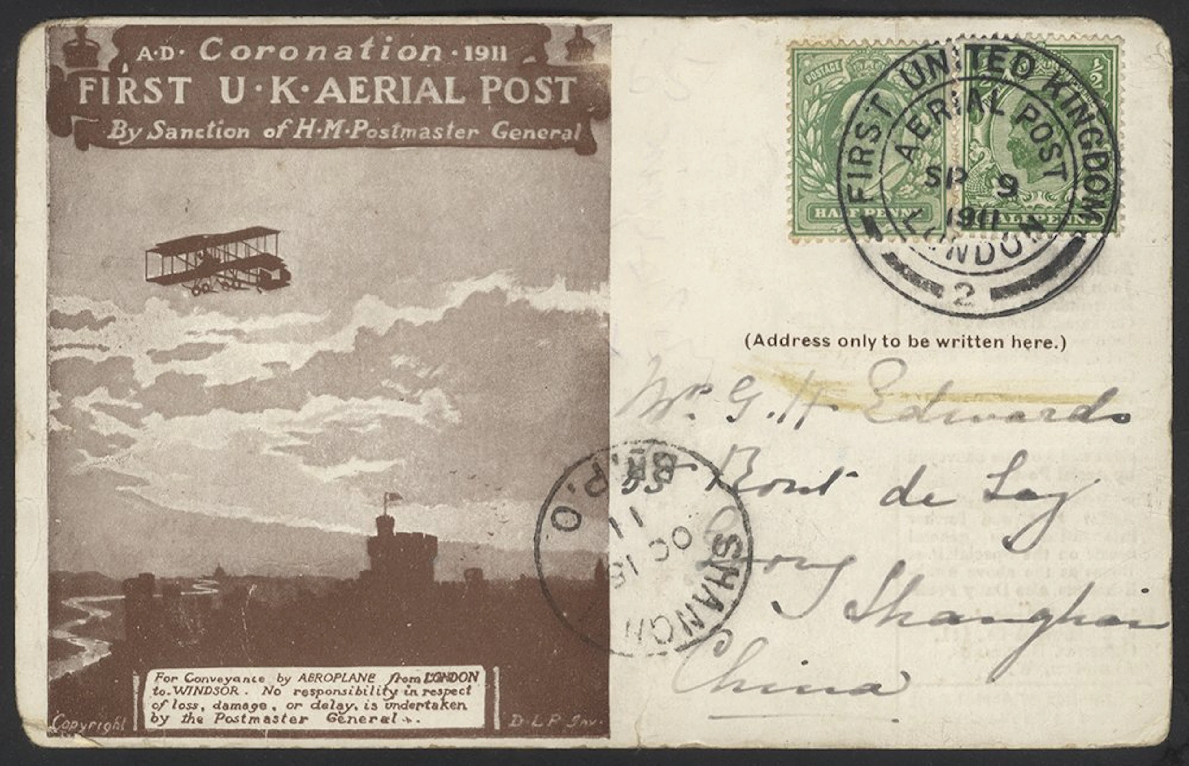 GREAT BRITAIN 1911 Coronation printed airmail card in...