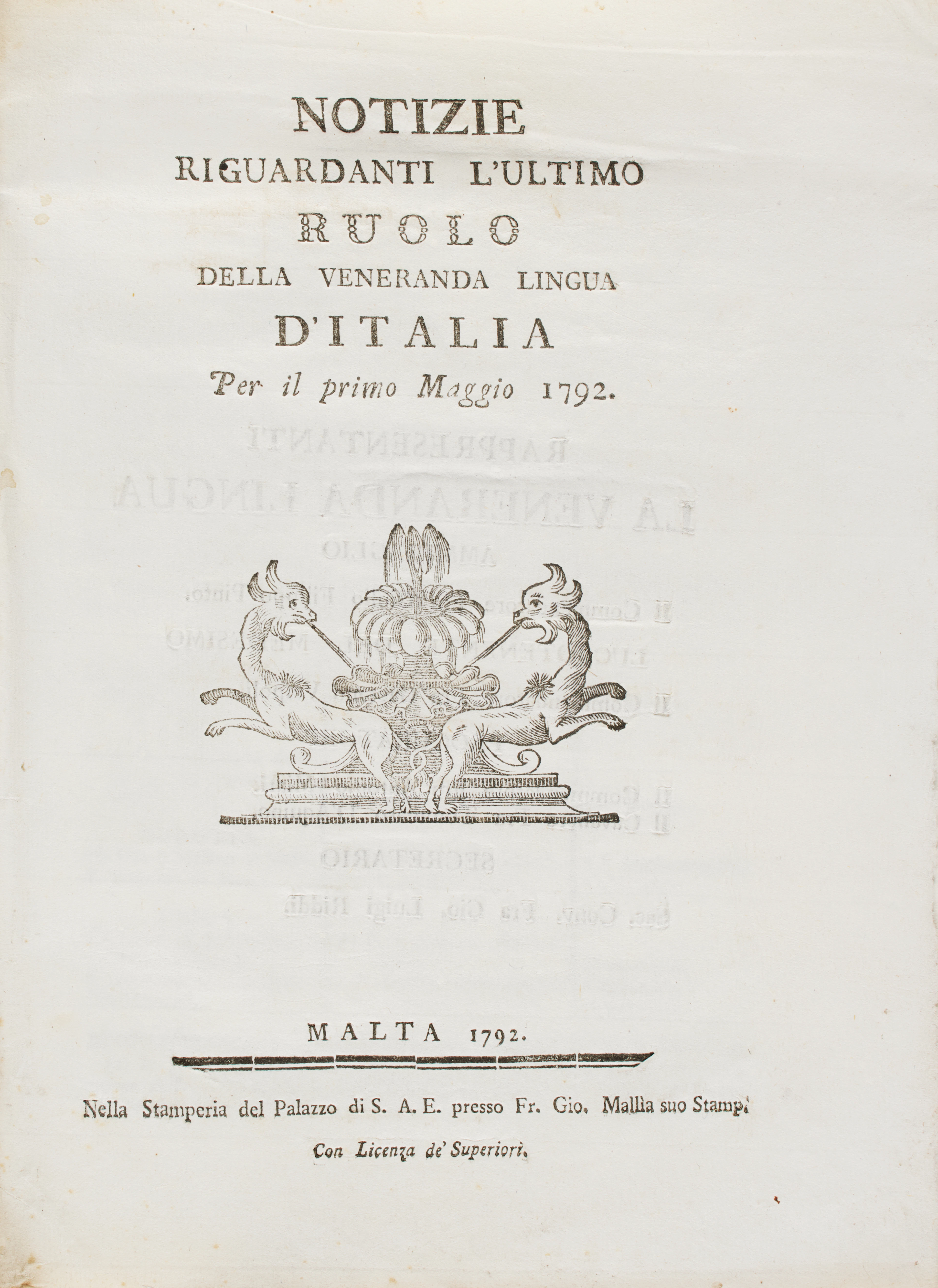 [MALTA]. Notizie riguardanti l'ultimo ruolo della veneranda Lingua