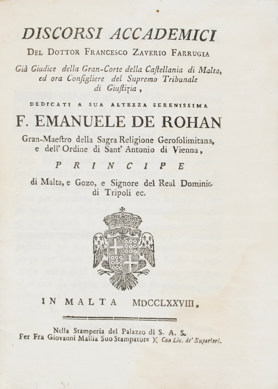 [MALTA - UNIVERSITA'] FARRUGIA, Francesco Saverio (XVIII secolo).