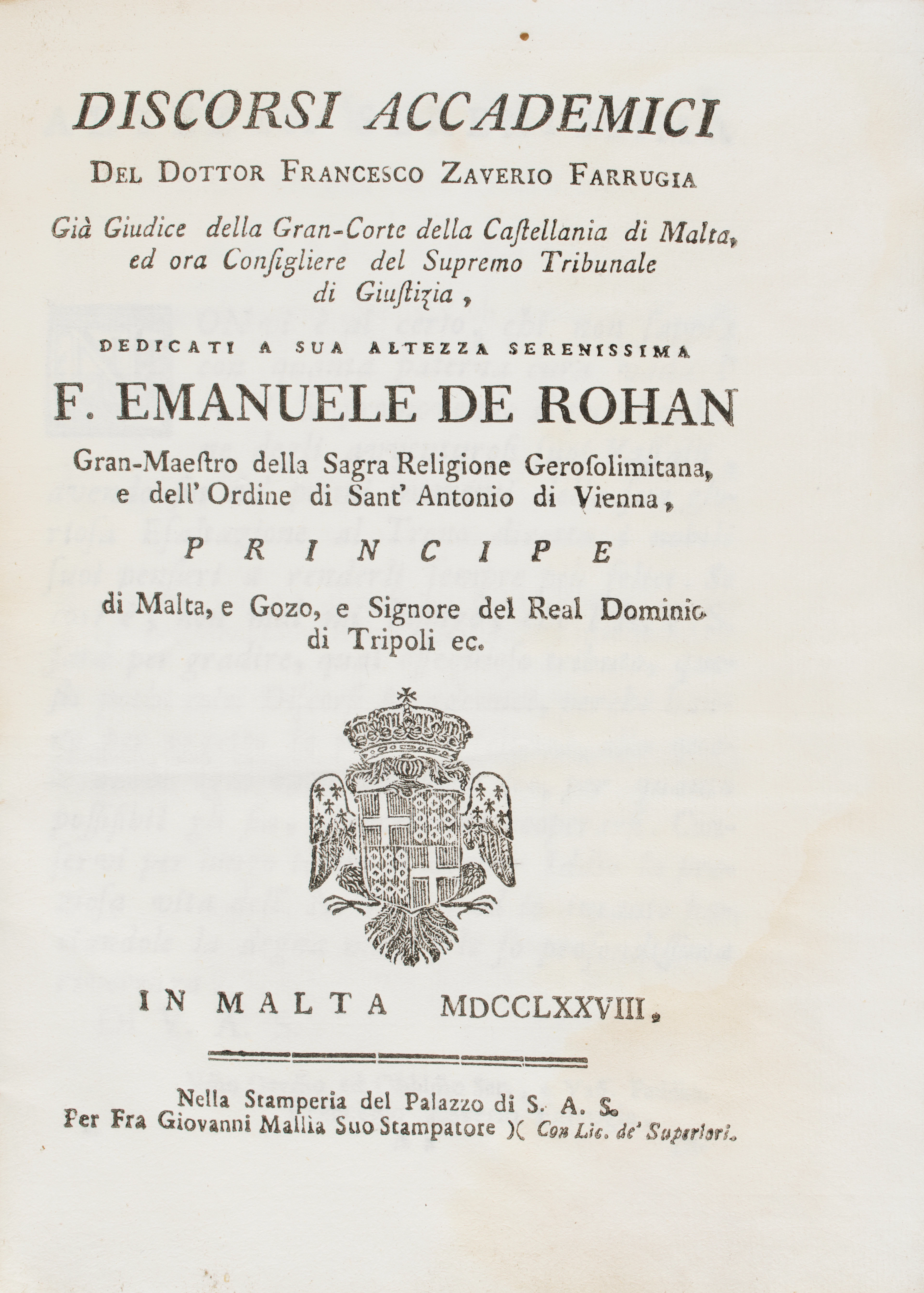 [MALTA - UNIVERSITA'] FARRUGIA, Francesco Saverio (XVIII secolo).