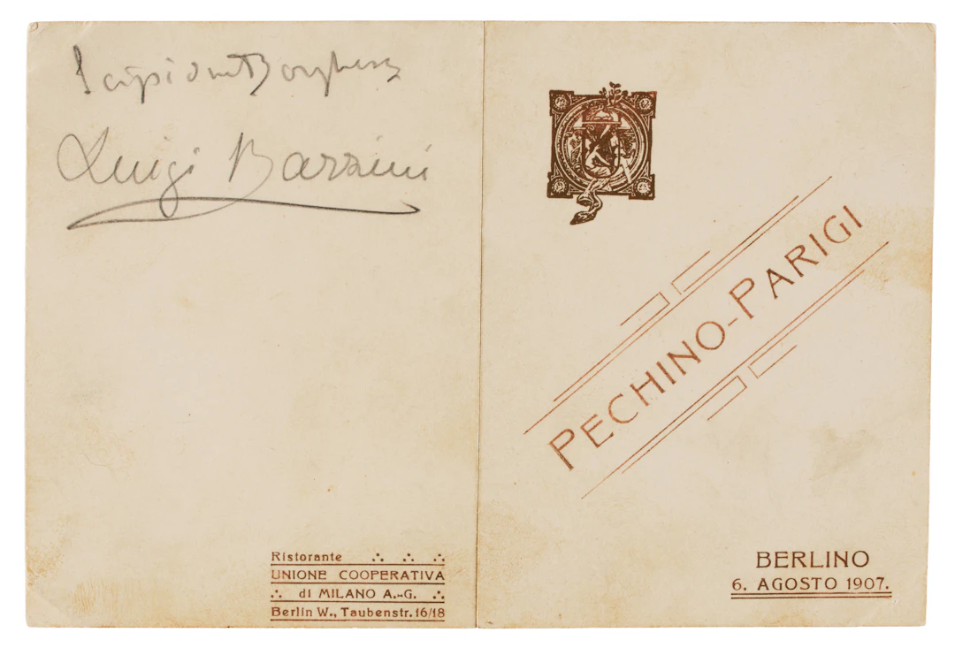 [PECHINO-PARIGI]. Menu commemorativo della corsa automobilistica Pechino-Parigi