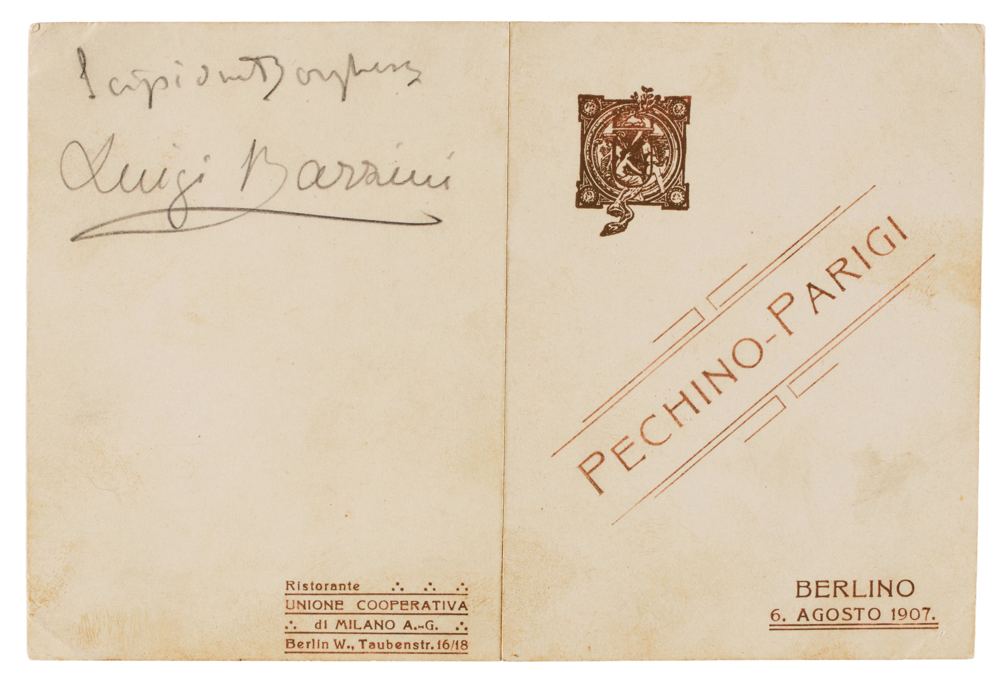 [PECHINO-PARIGI]. Menu commemorativo della corsa automobilistica Pechino-Parigi