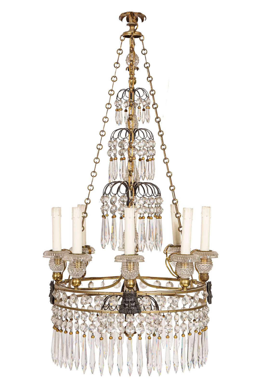 LAMPADARIO IN BRONZO DORATO E CRISTALLO, XIX SECOLO