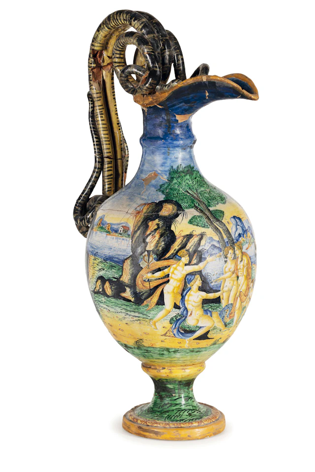 COPPIA DI VERSATOI IN MAIOLICA POLICROMA, MANIFATTURA DELLA FINE DEL XIX SECOLO