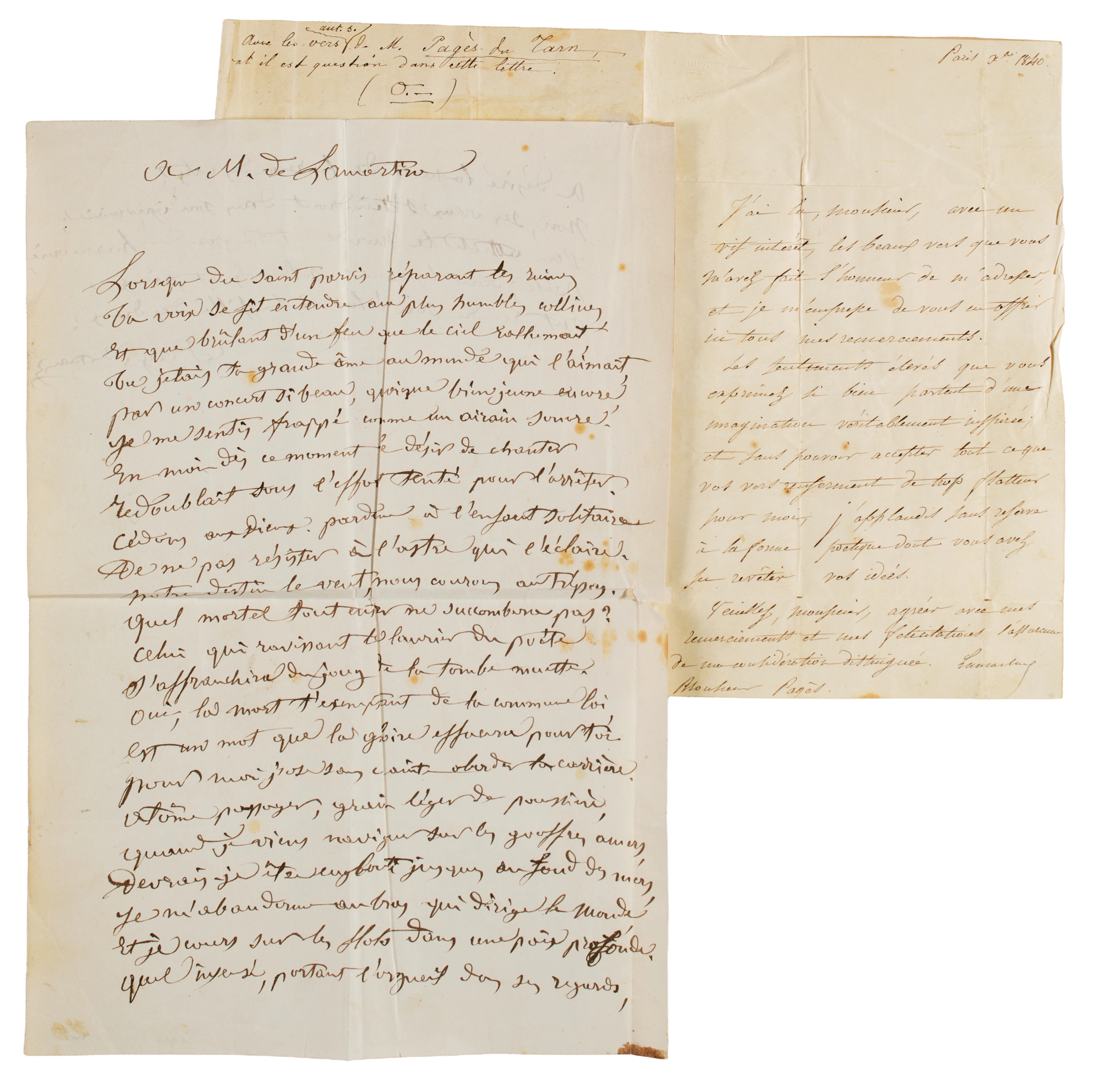 PAGÈS DU TARN (1795-1866); LAMARTINE, Alphonse de (1790-1869). Componimento