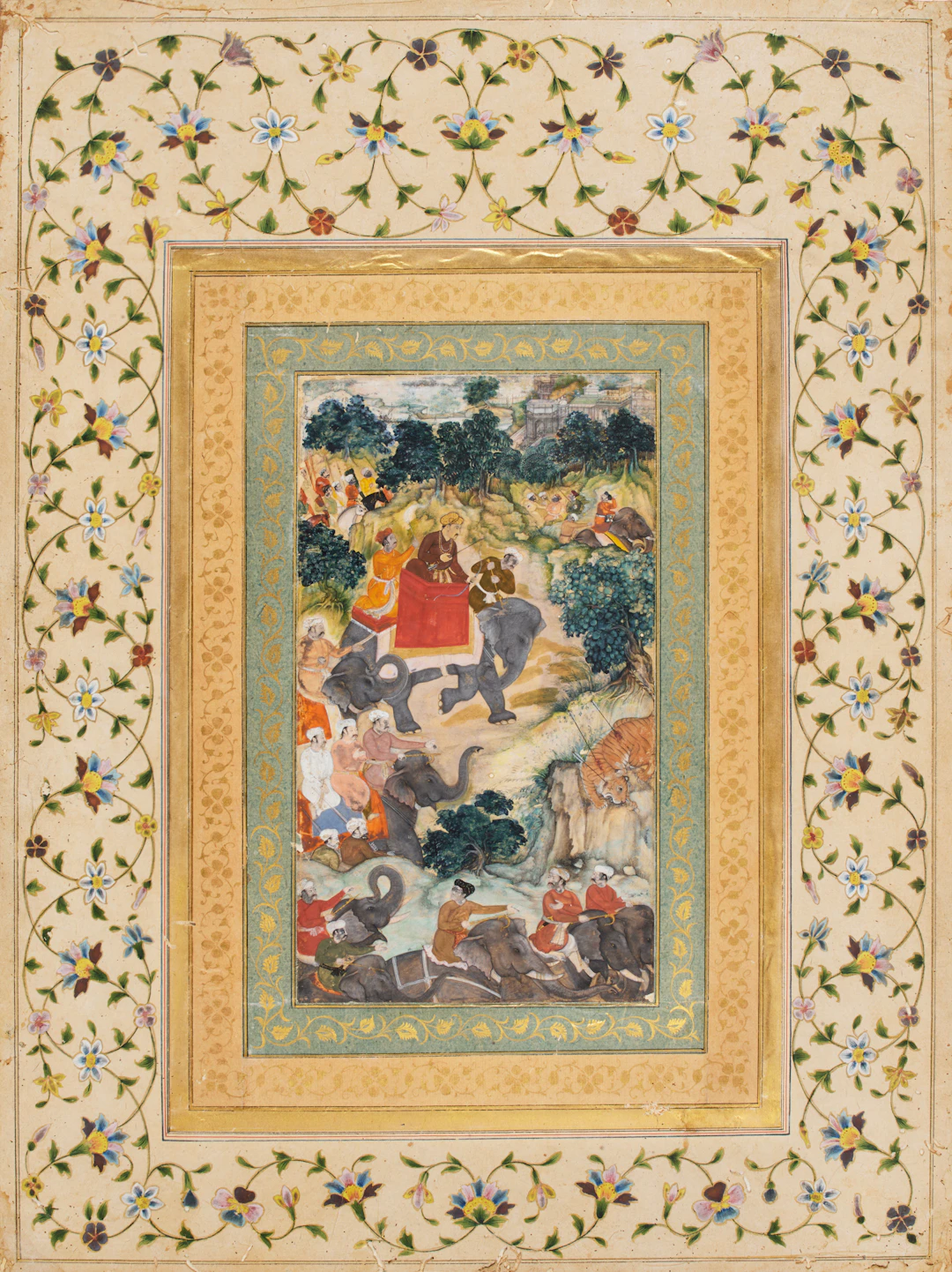 [MINIATURA RAJPUT]. Grande scena di caccia alla tigre con elefanti.