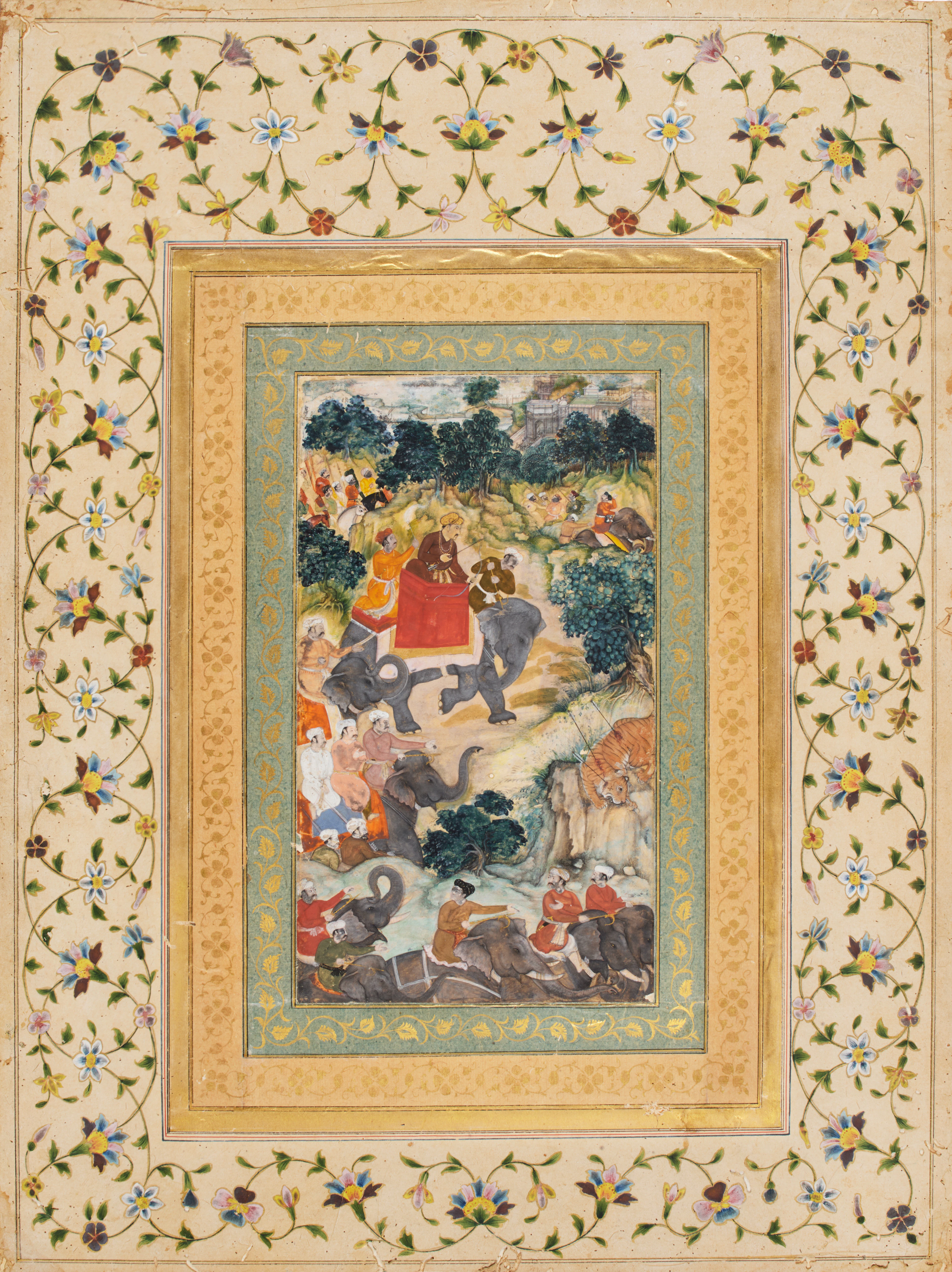 [MINIATURA RAJPUT]. Grande scena di caccia alla tigre con elefanti.