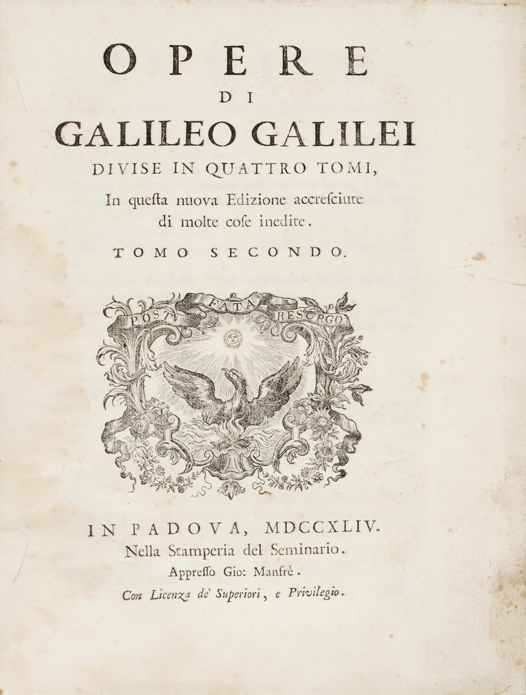 GALILEI, Galileo (1564-1642). Opere...Tomo secondo (di 4). Padova: