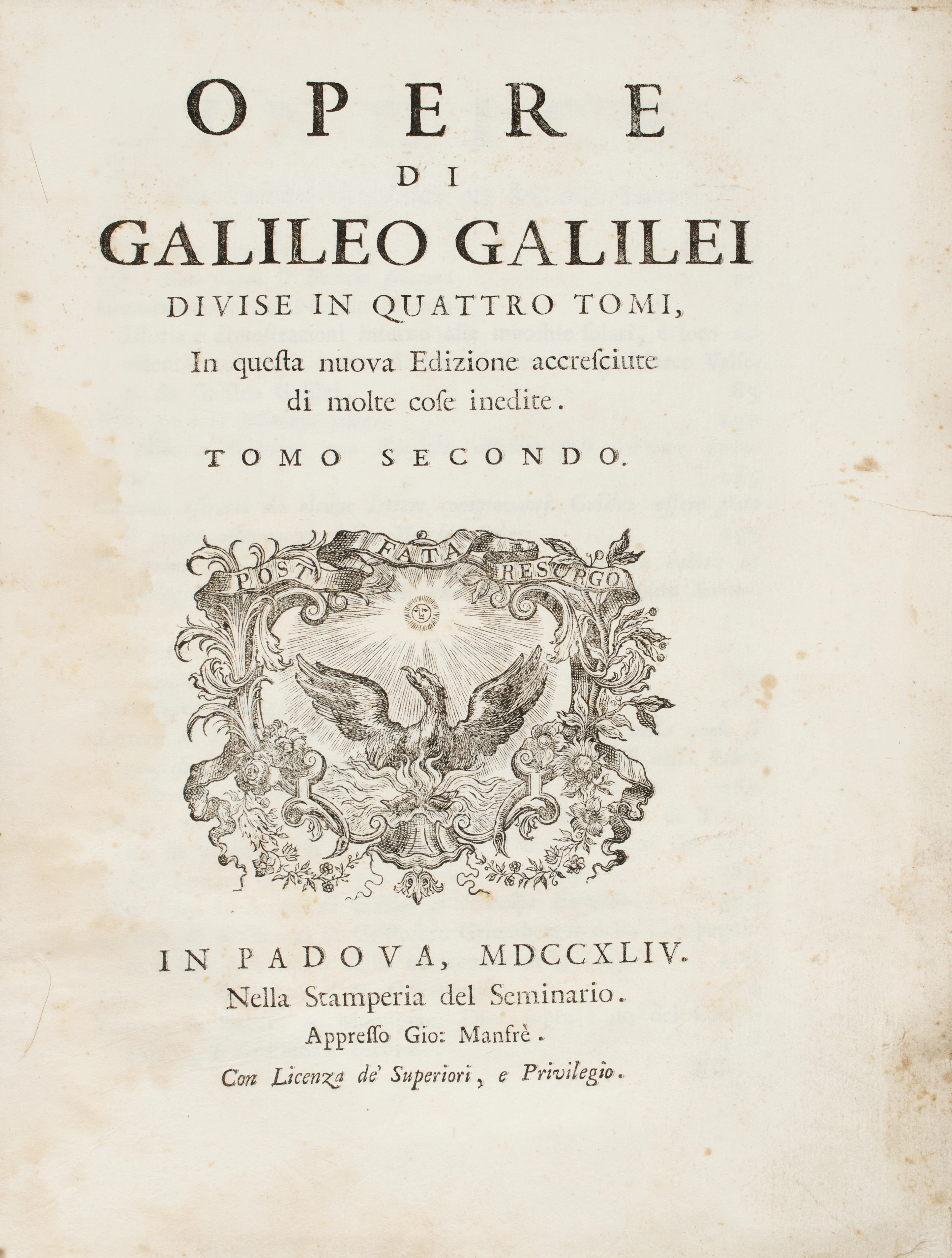 GALILEI, Galileo (1564-1642). Opere...Tomo secondo (di 4). Padova: