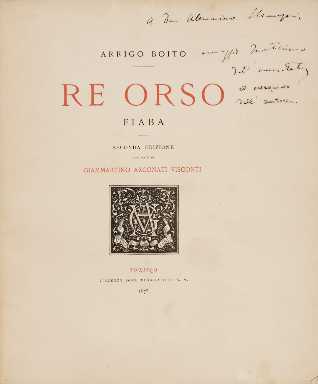 [MANZONI]. BOITO, Arrigo (1842-1918). Copia con dedica autografa ad