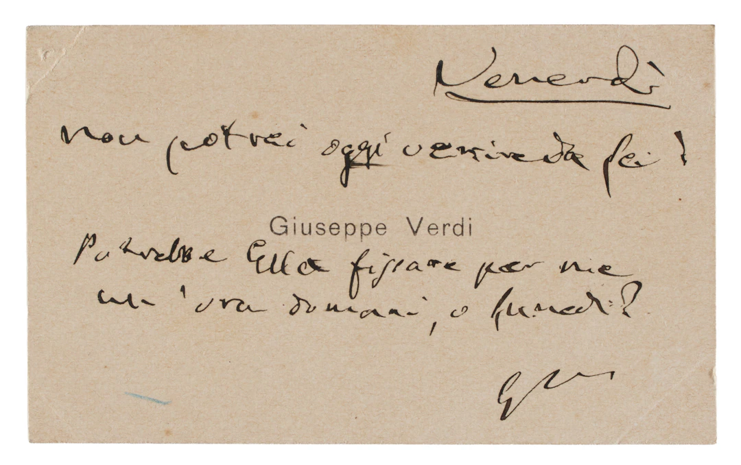 VERDI, Giuseppe (1813-1901). Biglietto da visita con nota autografa