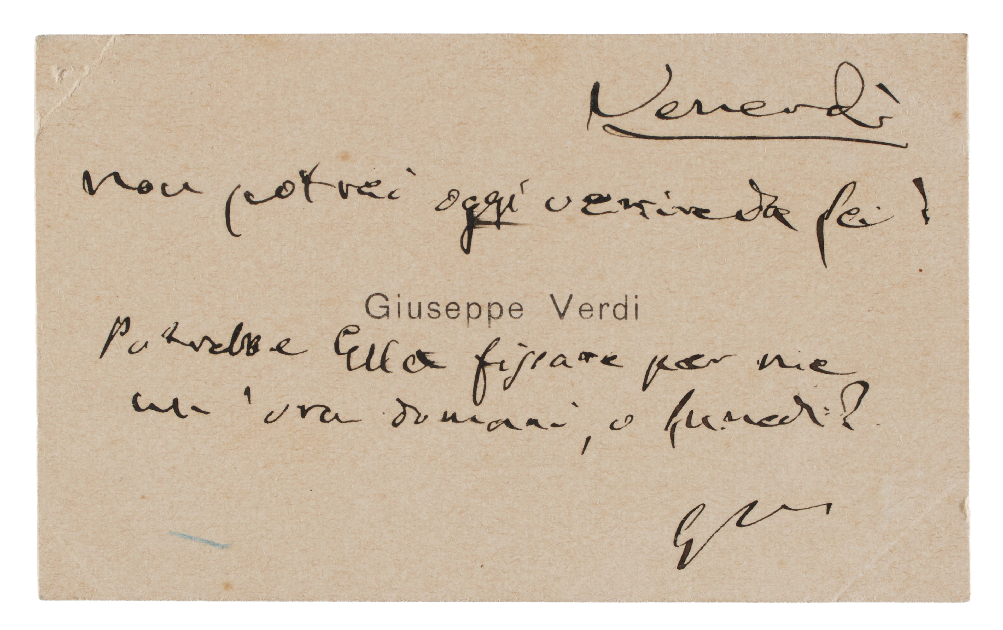 VERDI, Giuseppe (1813-1901). Biglietto da visita con nota autografa