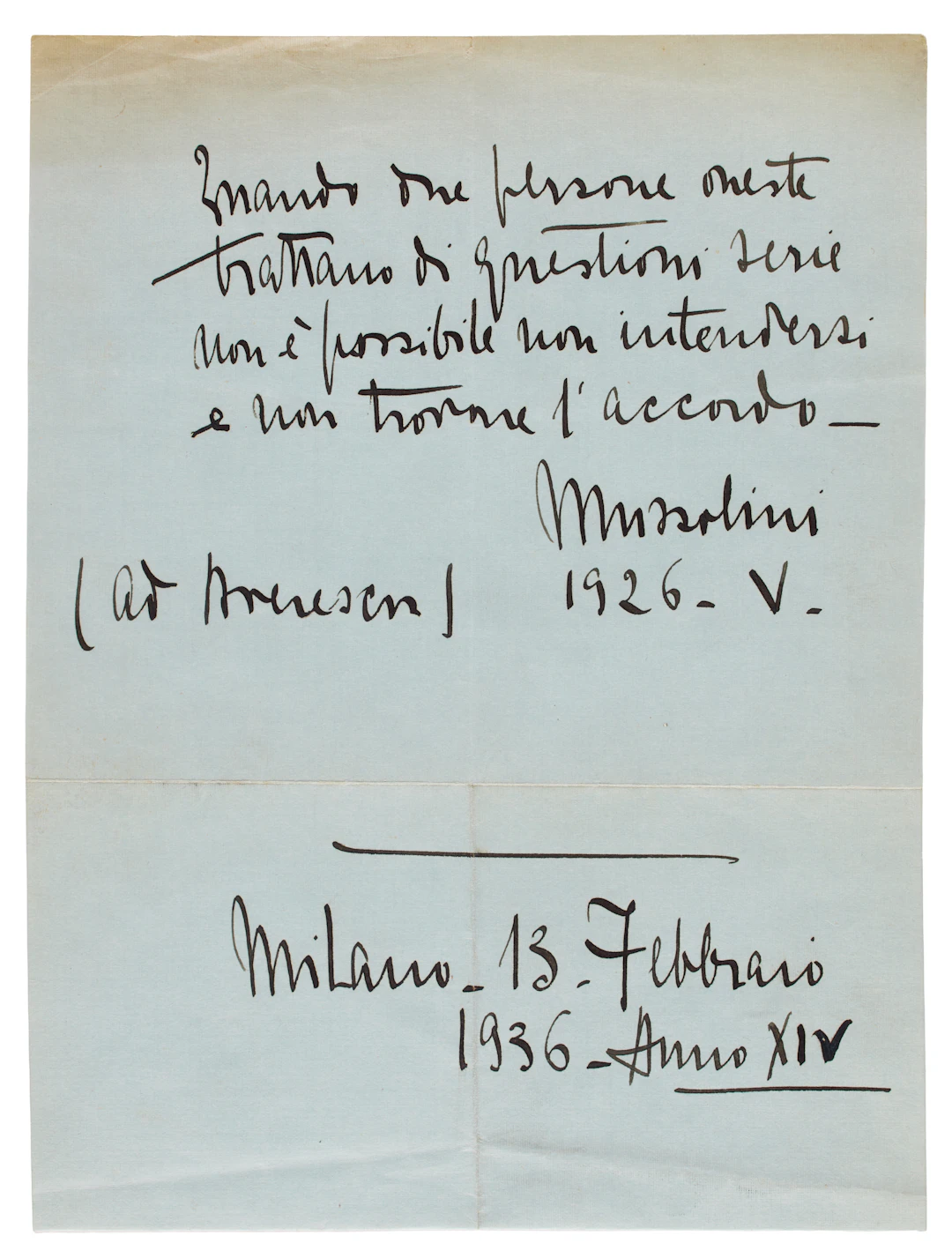 MUSSOLINI, Benito (1883-1945). Nota autografa firmata e datata 1936
