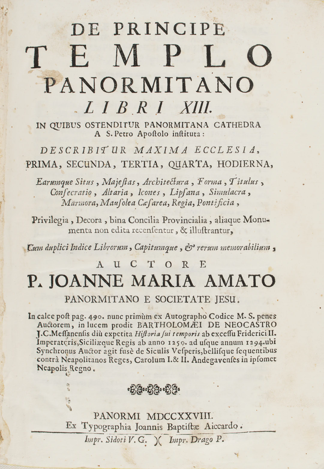 AMATO, Giovanni Maria (ca. 1640-1732). De principe templo Panormitano