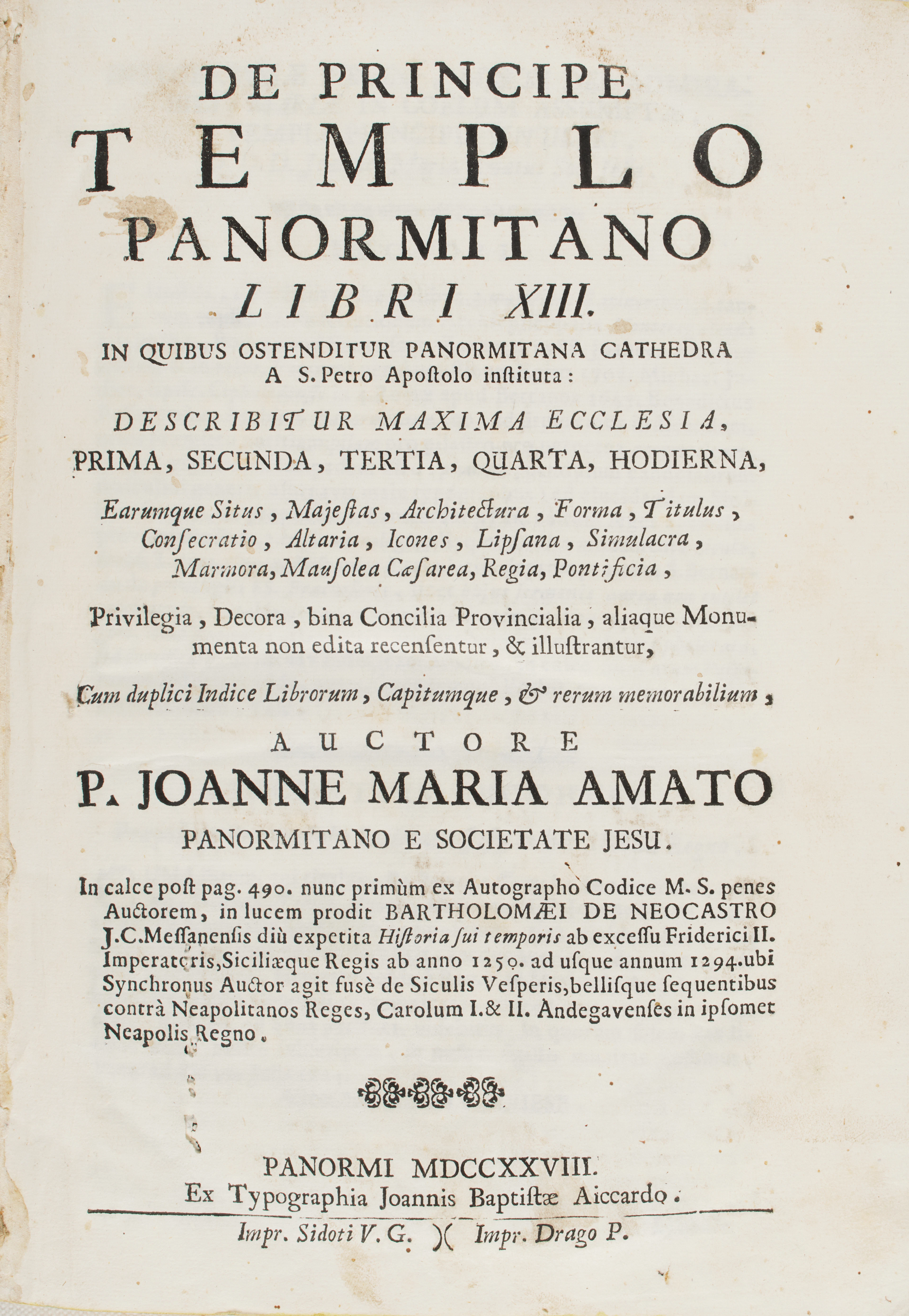 AMATO, Giovanni Maria (ca. 1640-1732). De principe templo Panormitano