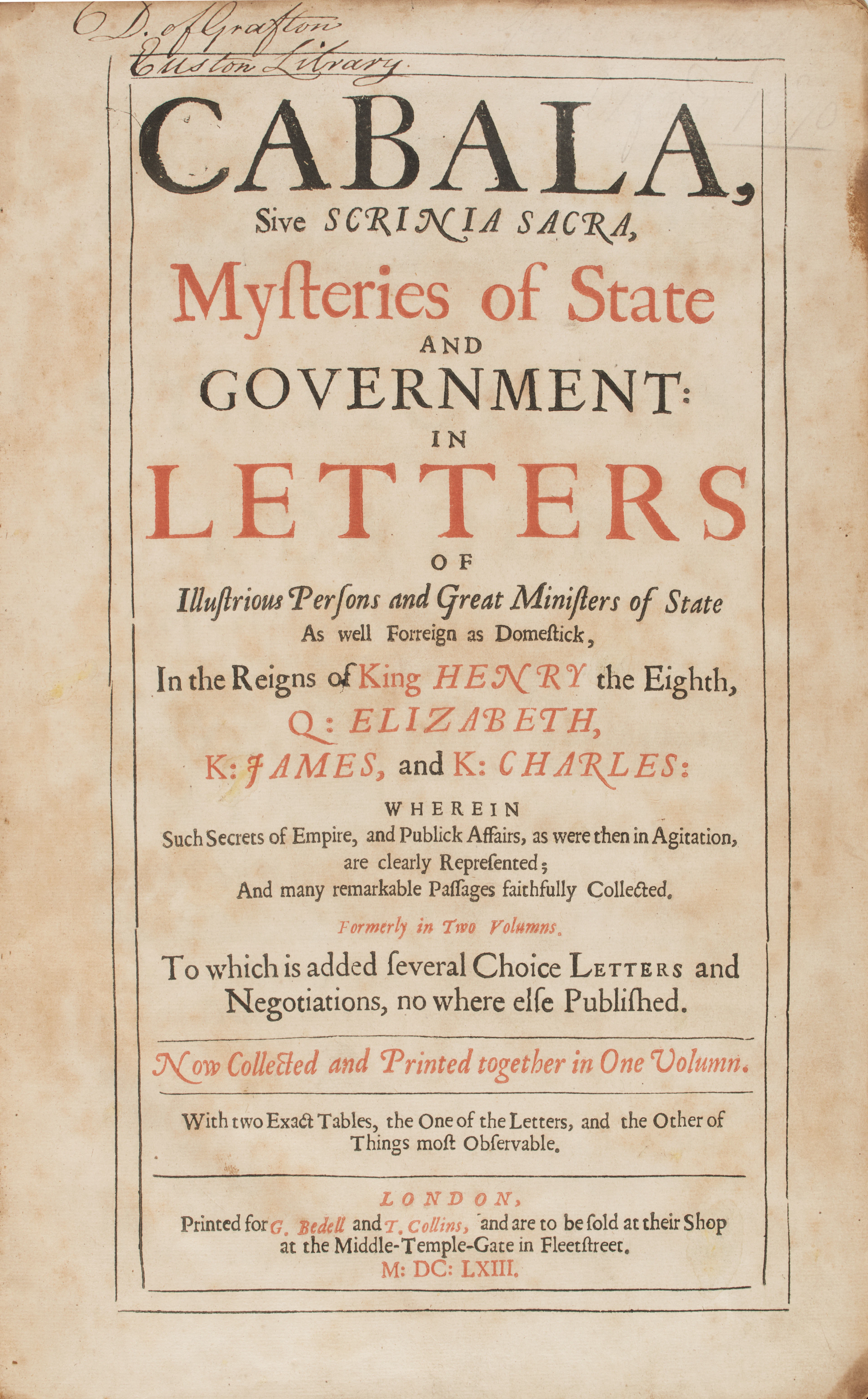 [CURIOSA]. Cabala, sive Scrinia Sacra, Mysteries of State and Government.
