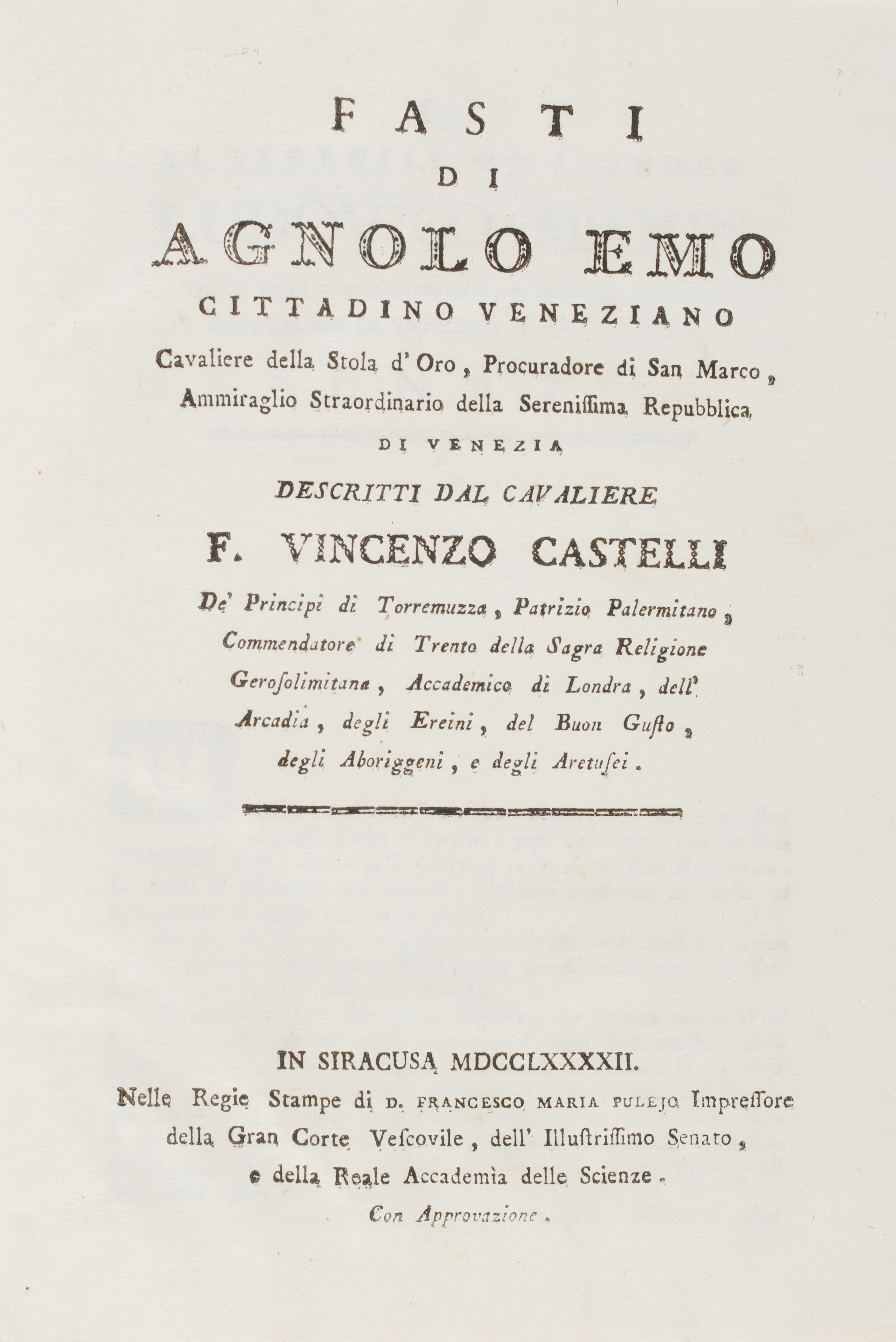 [MALTA - GUERRA DI CORSA] CASTELLI, Vincenzo, principe di Torremuzza
