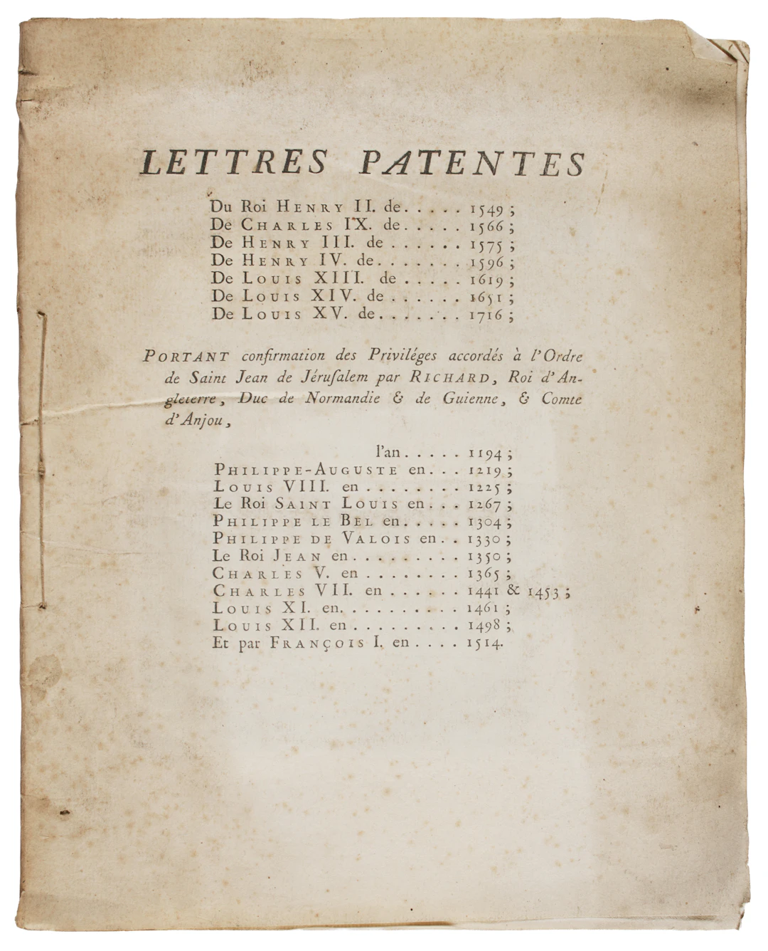 [MALTA] Lettres Patentes du Roi Henry II...portant confirmation des