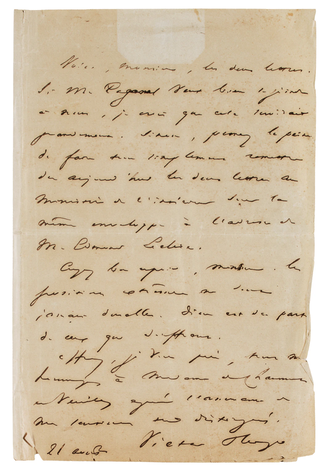 HUGO, Victor (1802-1885). Lettera autografa firmata. 21 agosto, s.a.