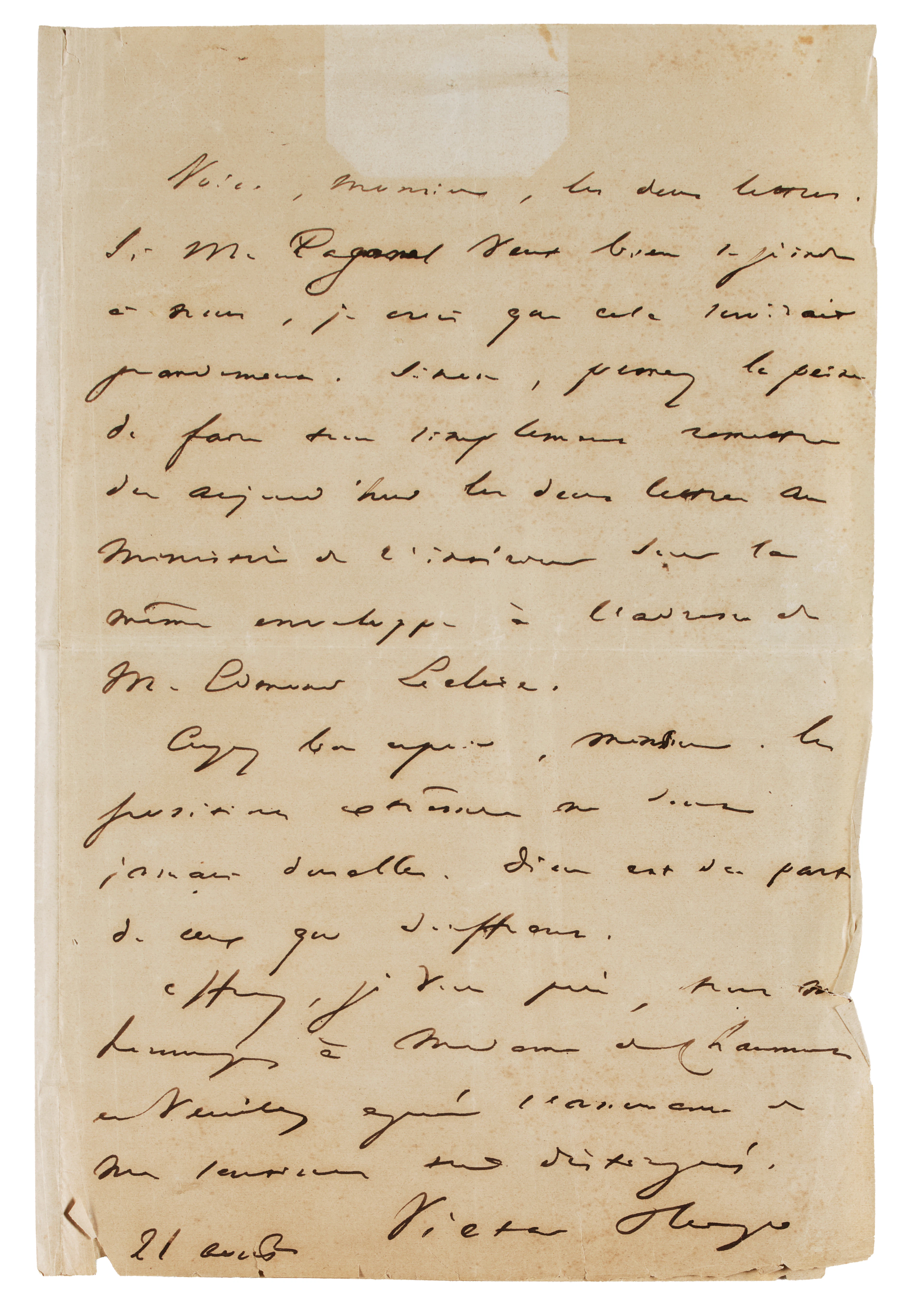 HUGO, Victor (1802-1885). Lettera autografa firmata. 21 agosto, s.a.