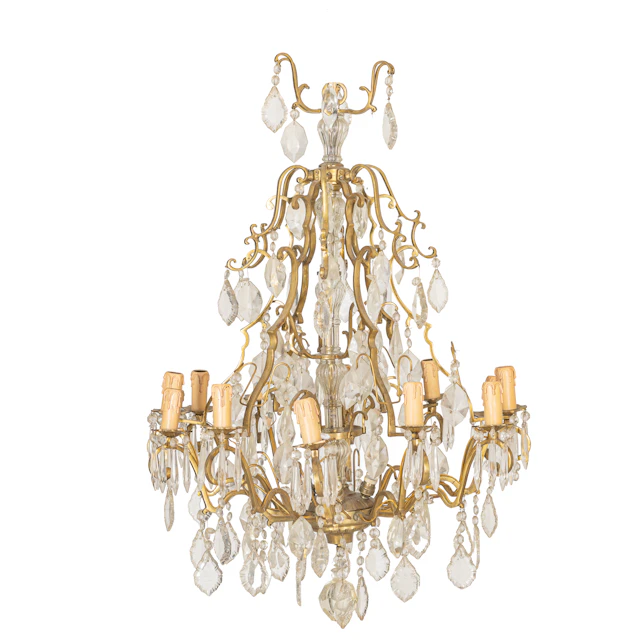 LAMPADARIO IN BRONZO DORATO E CRISTALLO, FINE DEL XIX SECOLO