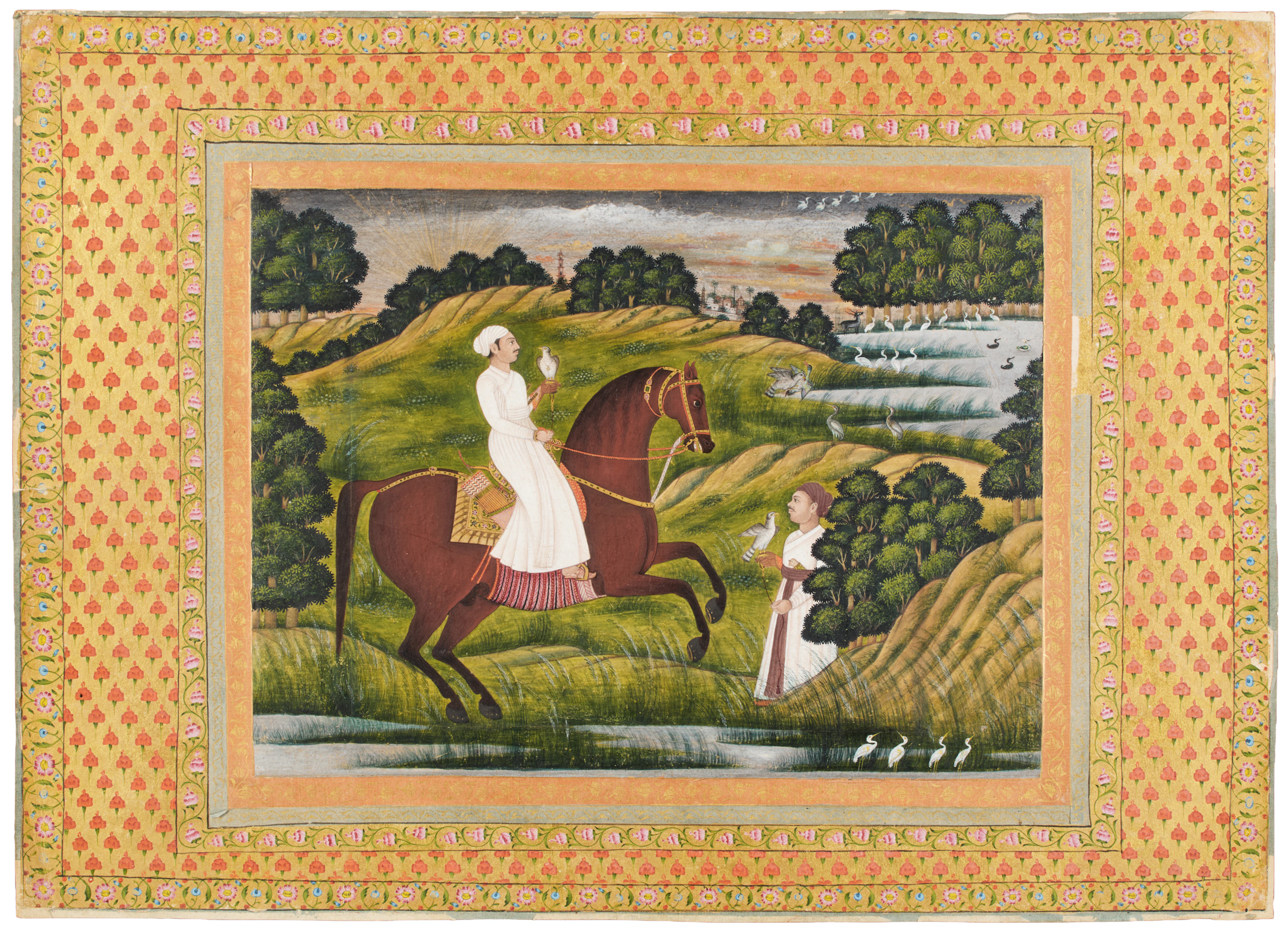 [MINIATURA PAHARI] Scena di caccia con il falcone. [India, prima metà