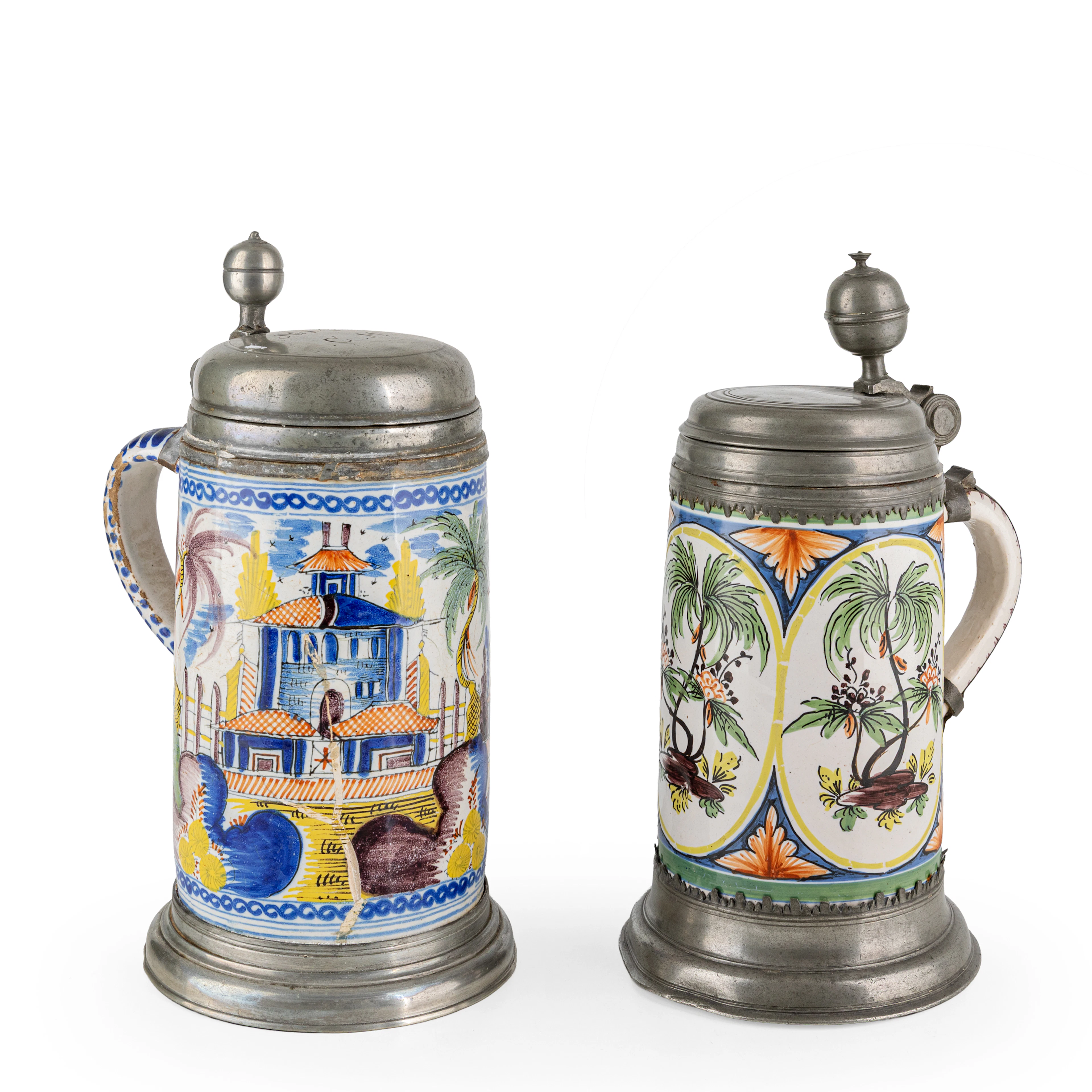 DUE TANKARD IN MAIOLICA POLICROMA E PELTRO, XVIII-XIX SECOLO
