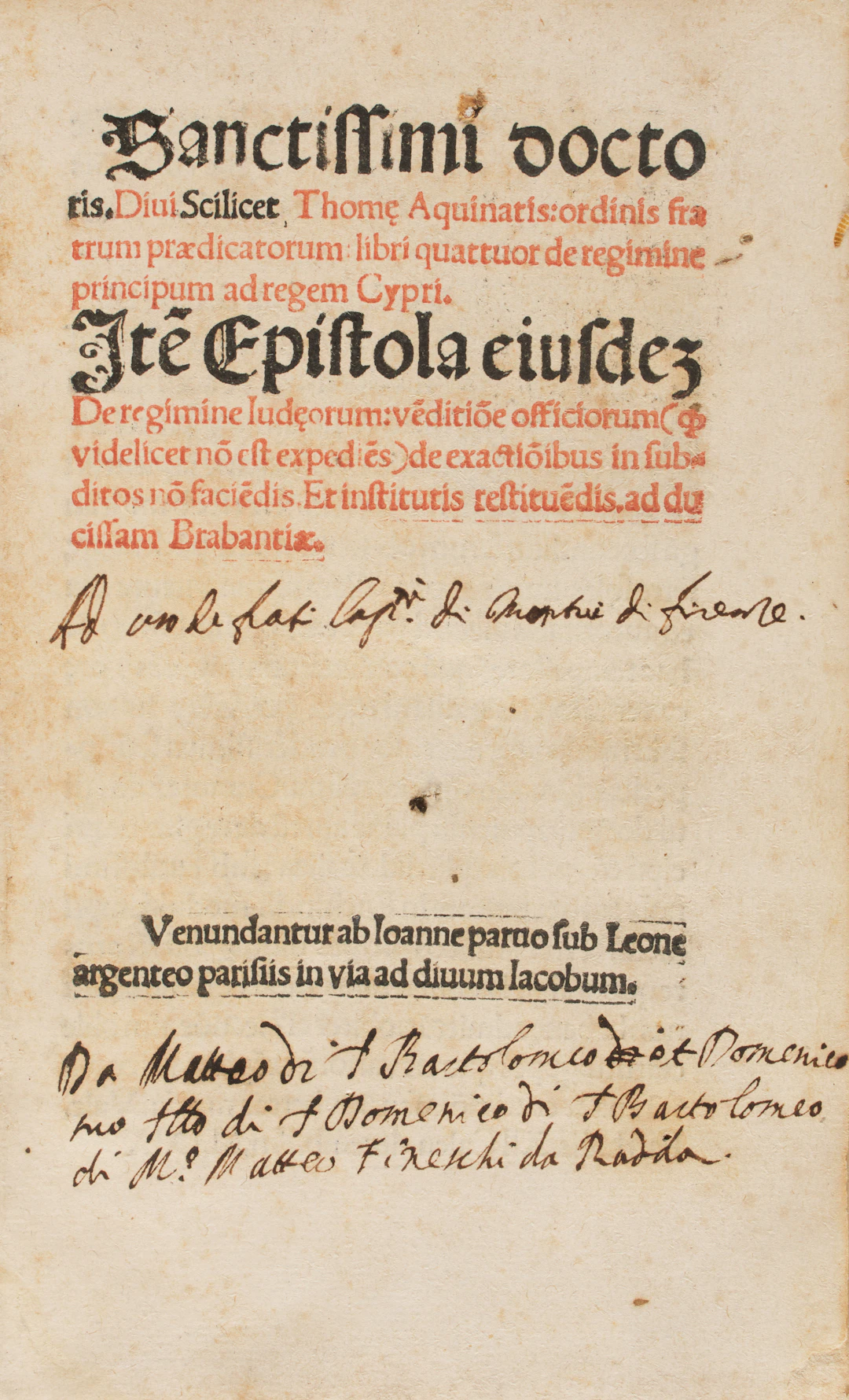 TOMMASO D'AQUINO (1225-1274). Libri quattuor de regimine principum