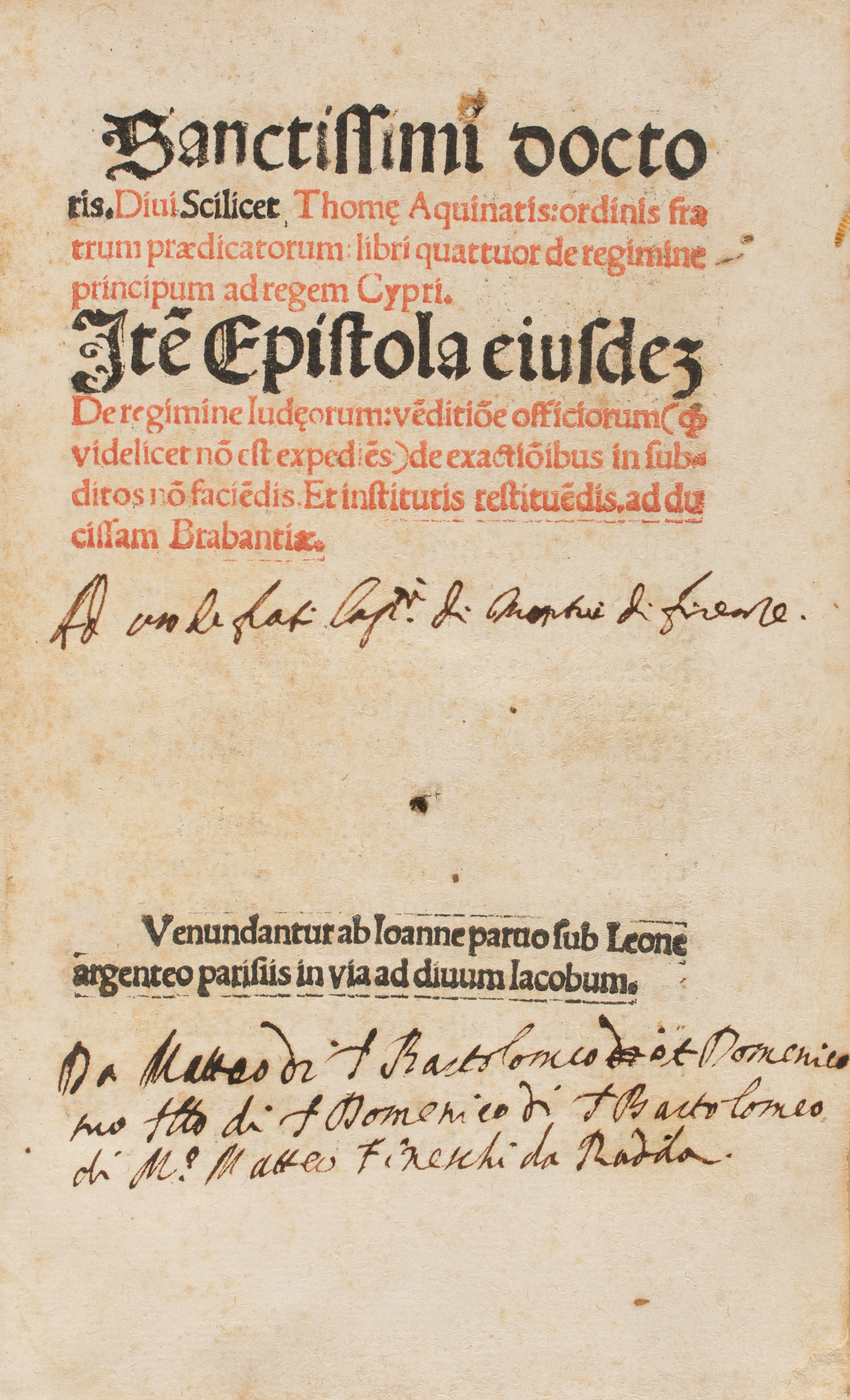 TOMMASO D'AQUINO (1225-1274). Libri quattuor de regimine principum