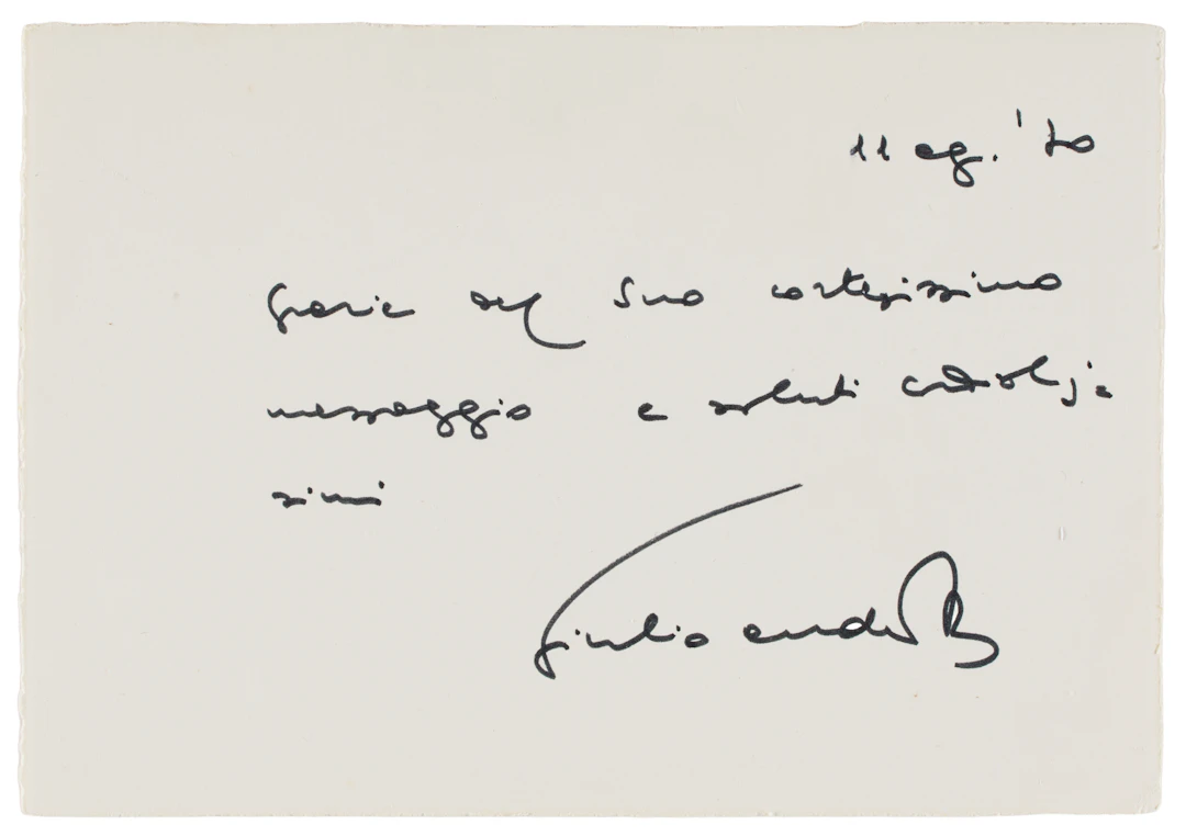 ANDREOTTI, Giulio (1919-2013). Biglietto con nota autografa firmata.