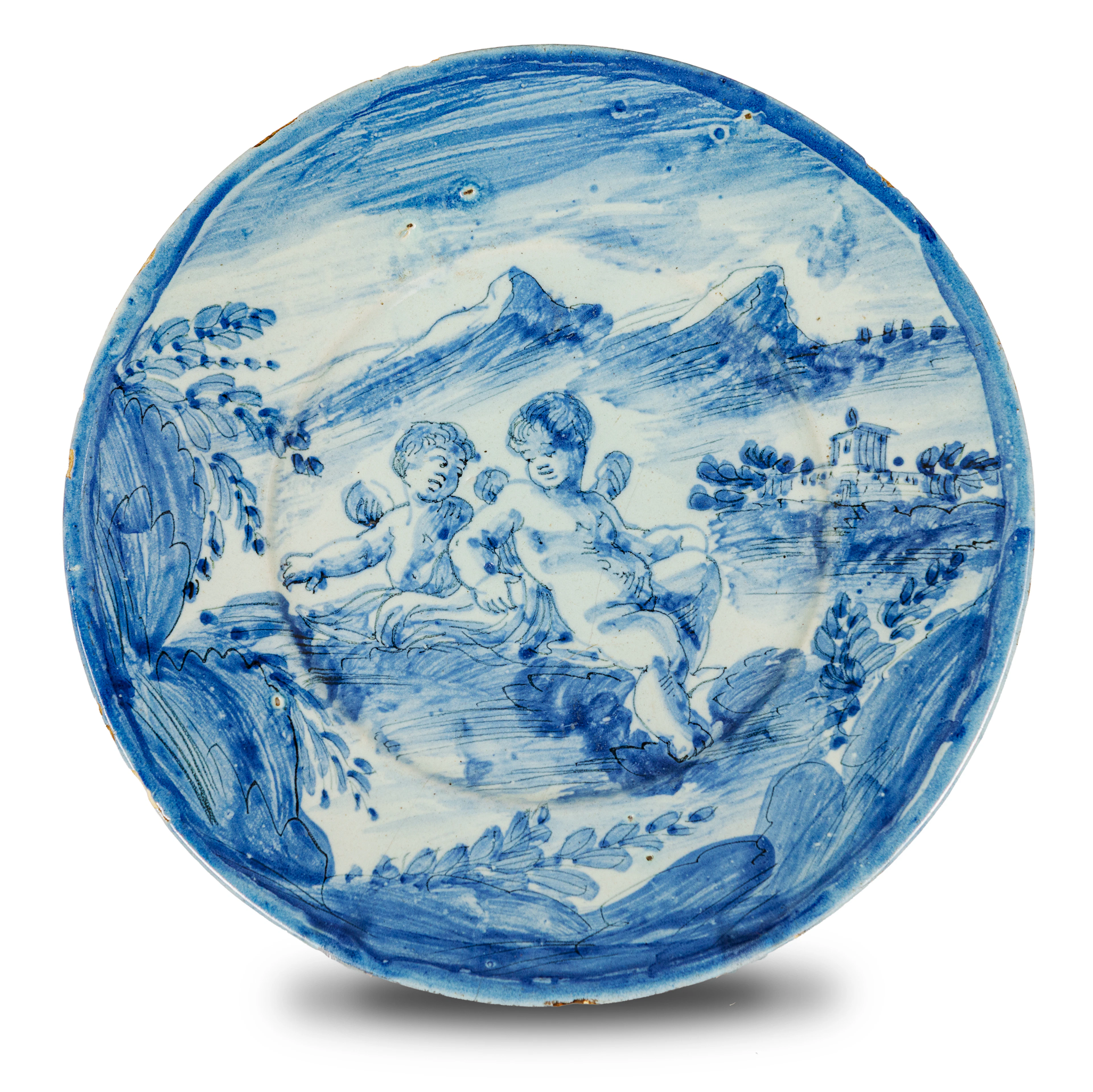 PIATTO IN MAIOLICA BIANCA E BLU, FORNACE LIGURE DEL XVII-XVIII SECOLO