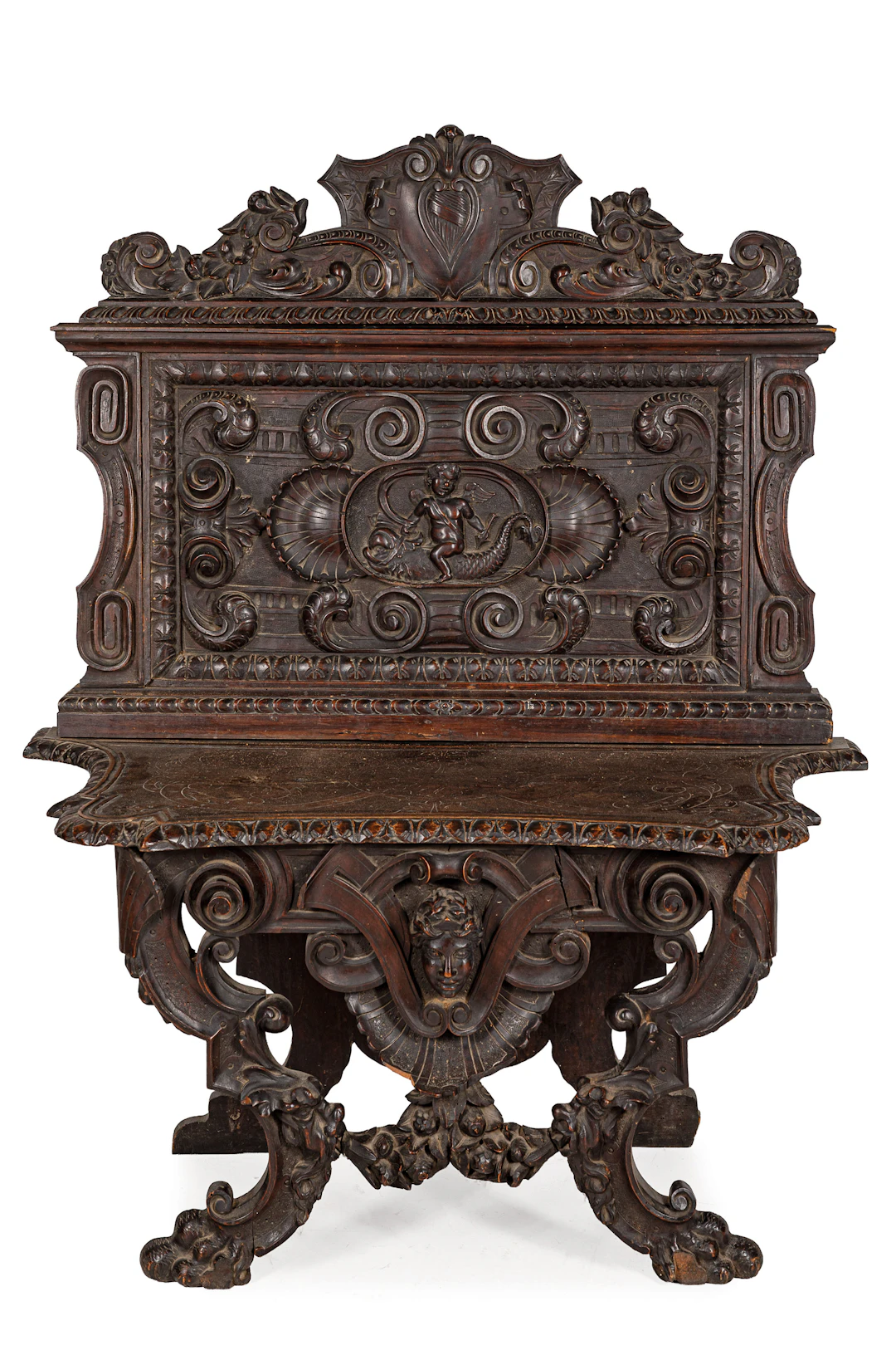 COPPIA DI SCRANNI IN LEGNO SCOLPITO E PATINATO, XIX-XX SECOLO