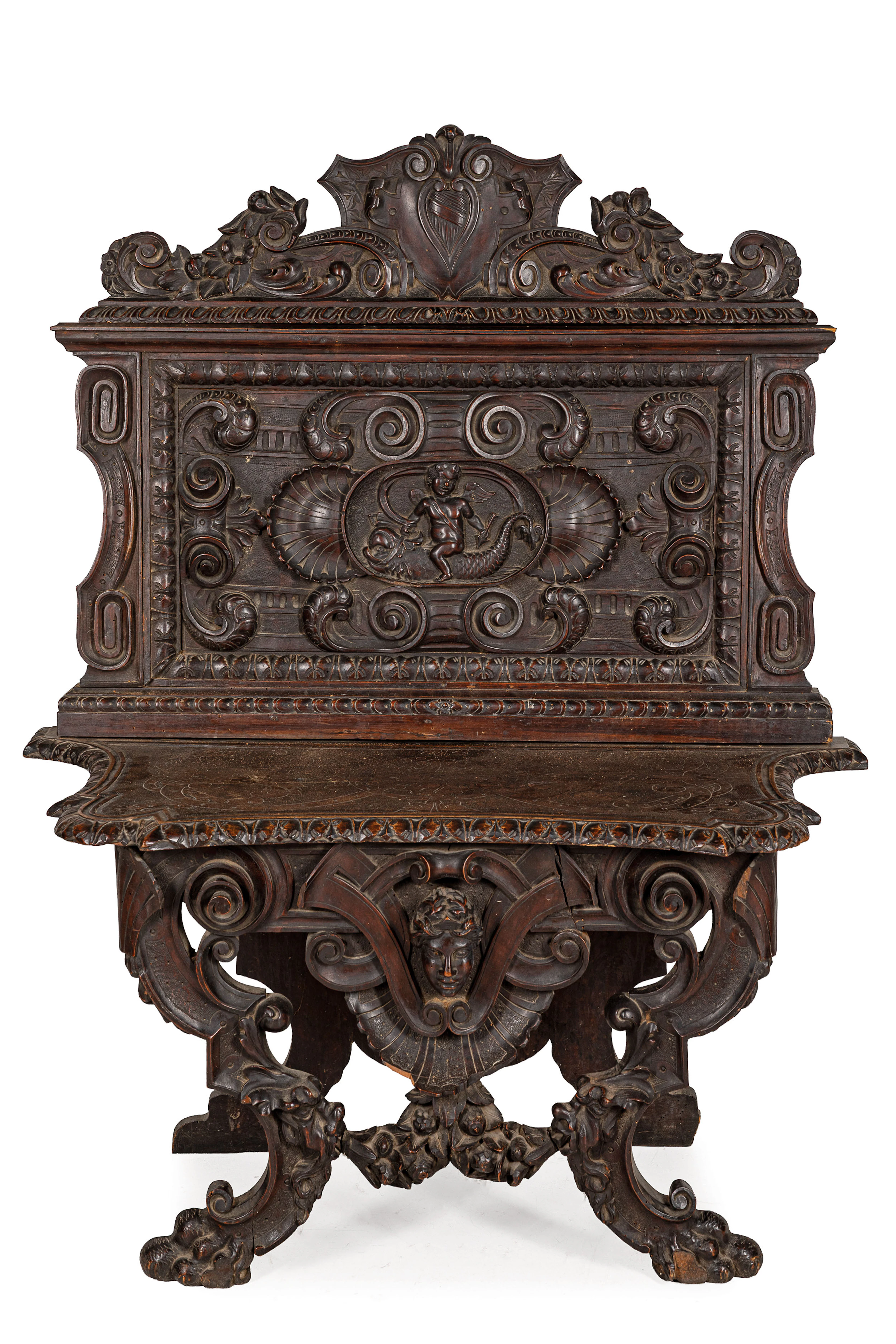 COPPIA DI SCRANNI IN LEGNO SCOLPITO E PATINATO, XIX-XX SECOLO