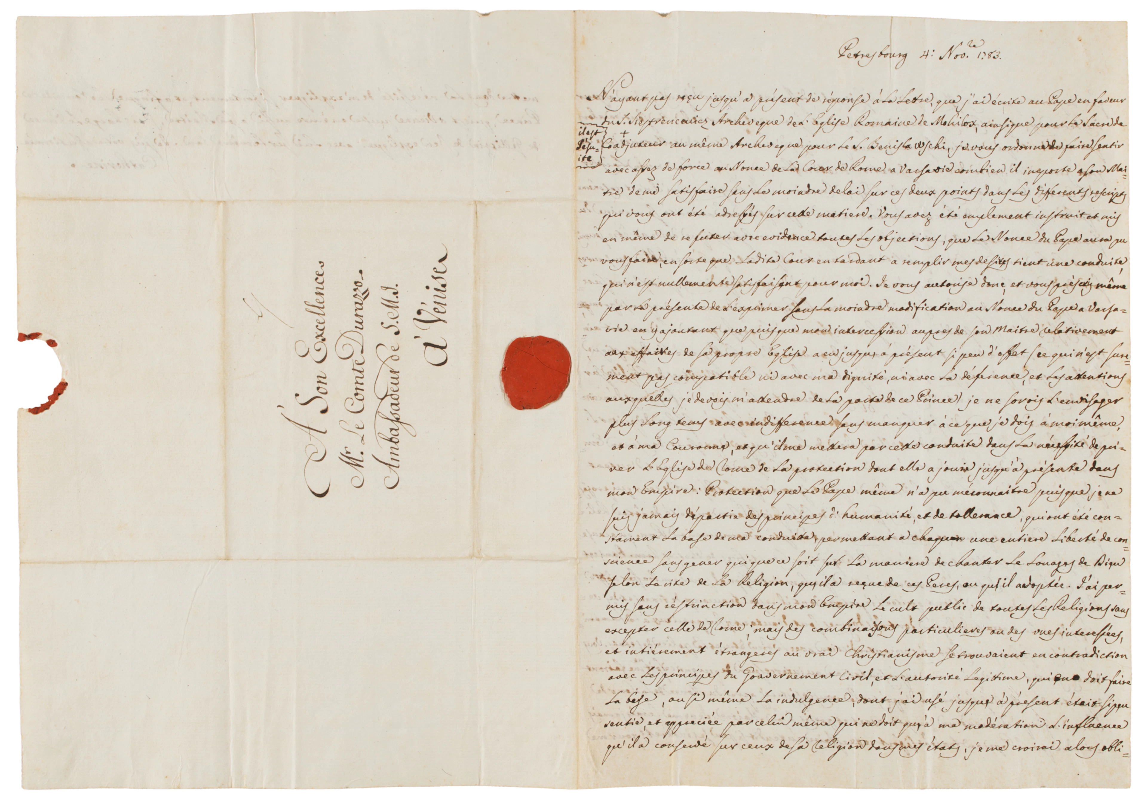 CATERINA II DI RUSSIA (1729-1796). Lettera autografa firmata a Giacomo