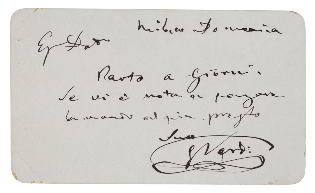 VERDI, Giuseppe (1813-1901). Biglietto con nota autografa firmata. S.d.