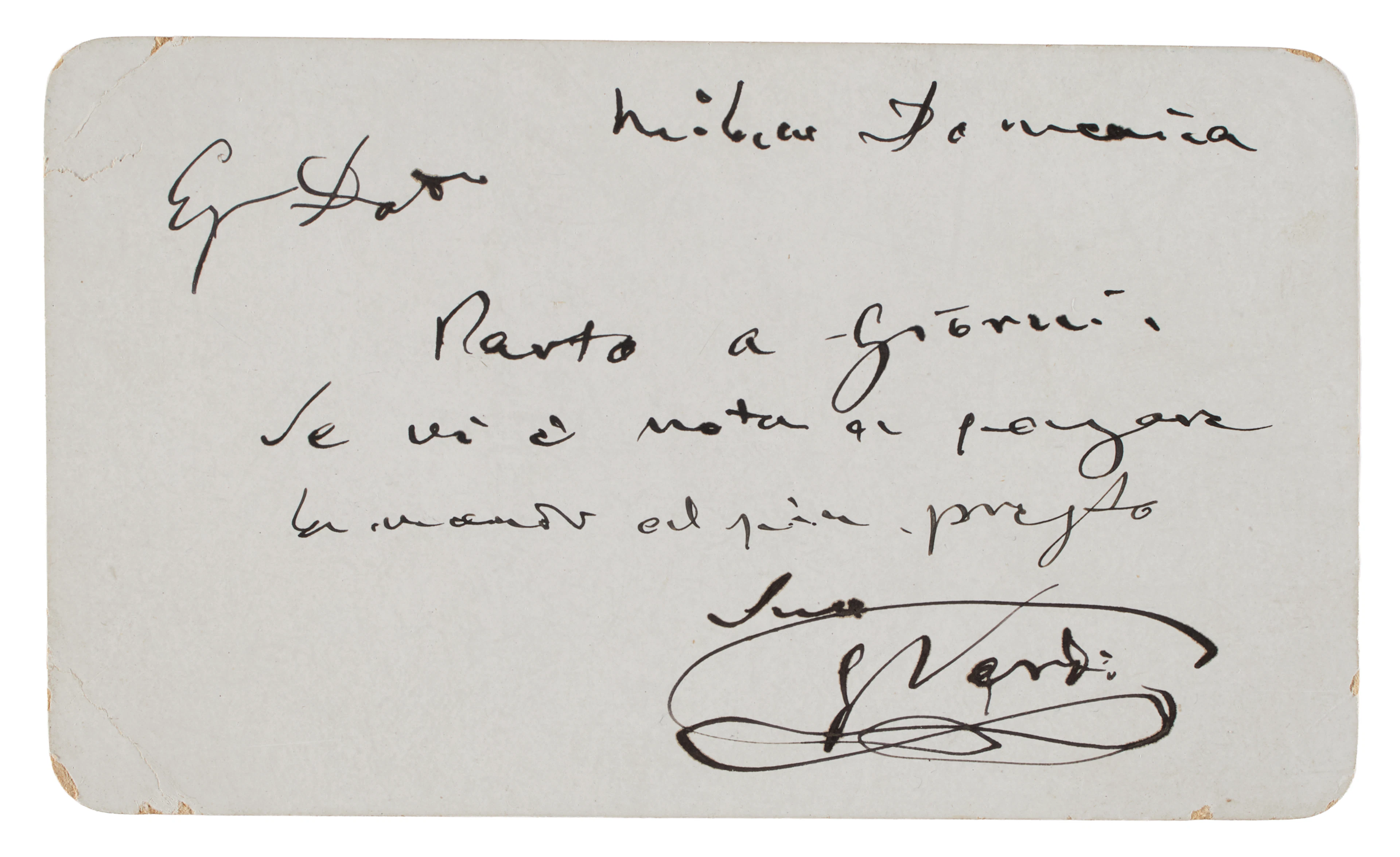 VERDI, Giuseppe (1813-1901). Biglietto con nota autografa firmata. S.d.