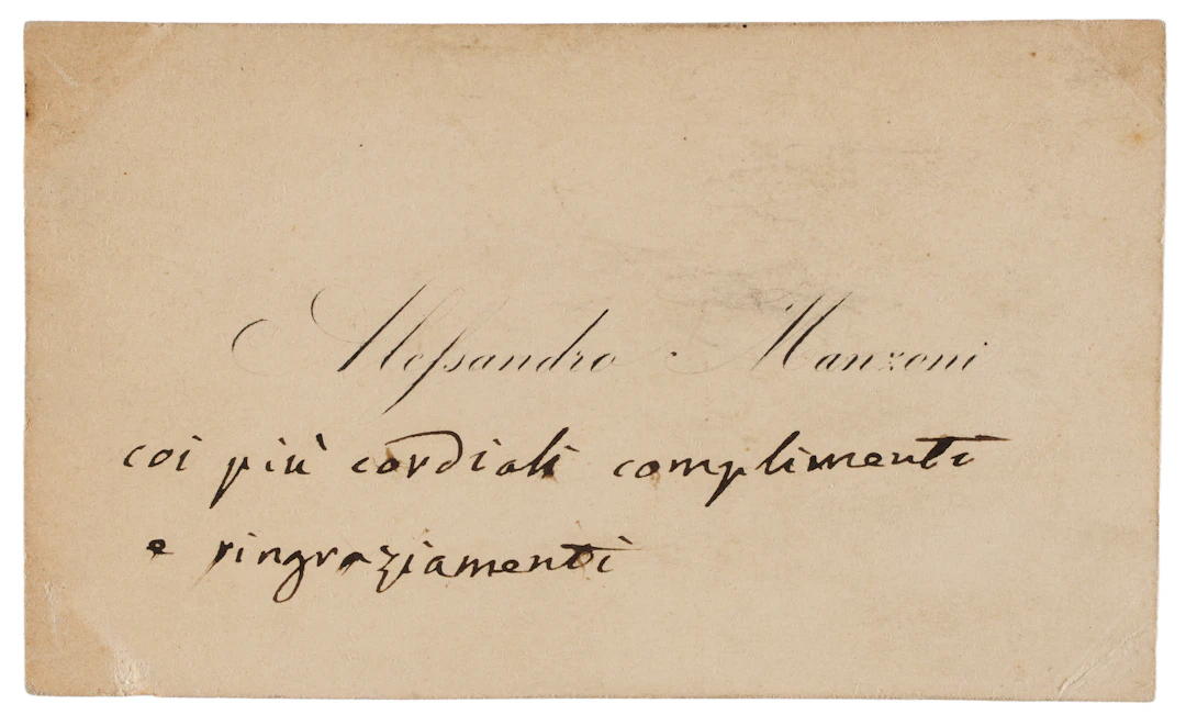 MANZONI, Alessandro (1785-1873). Biglietto da visita con invio autografo. S.d.