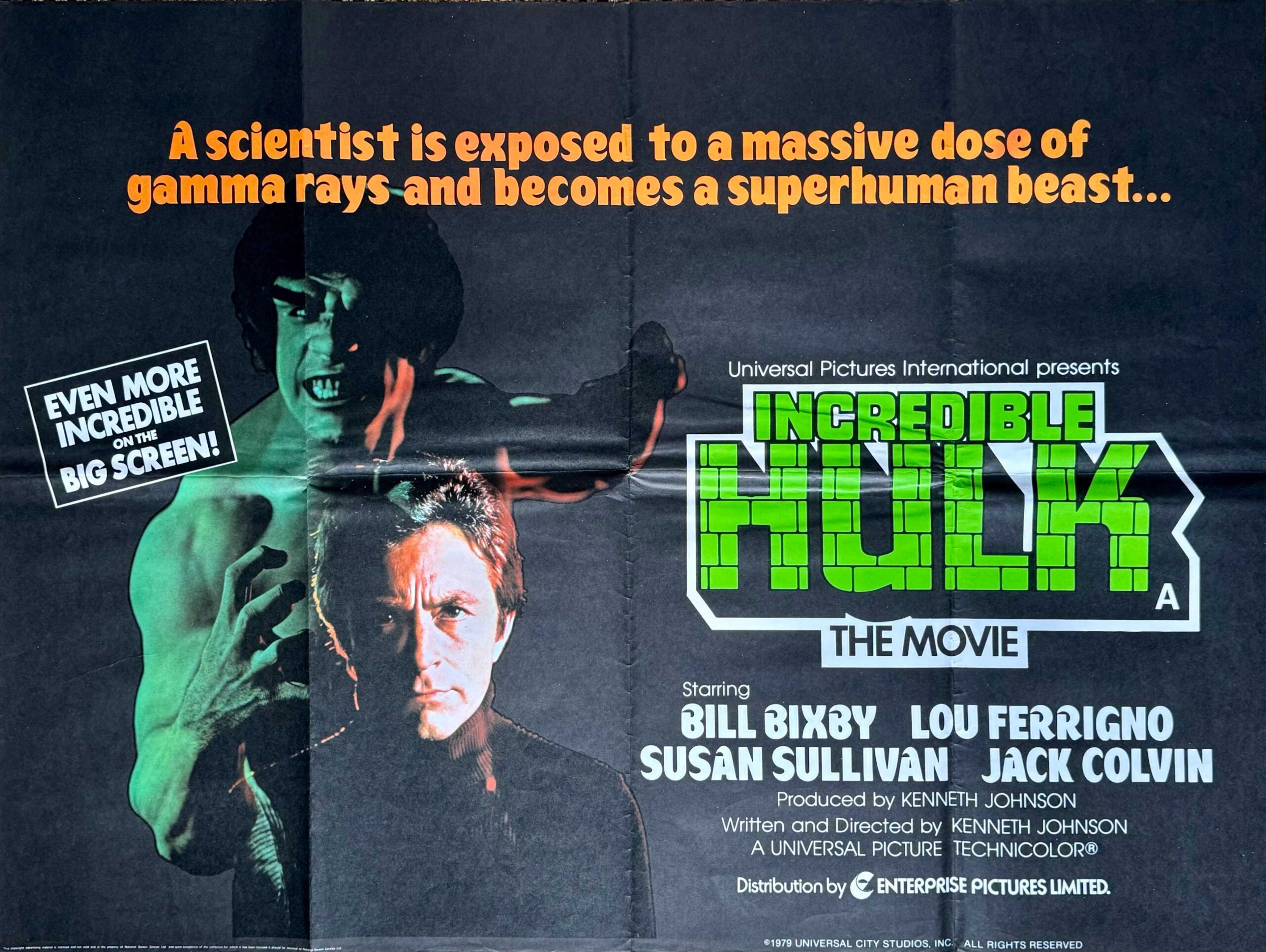 Original Incredible Hulk Movie Poster - Bill Bixby - Lou Ferrigno