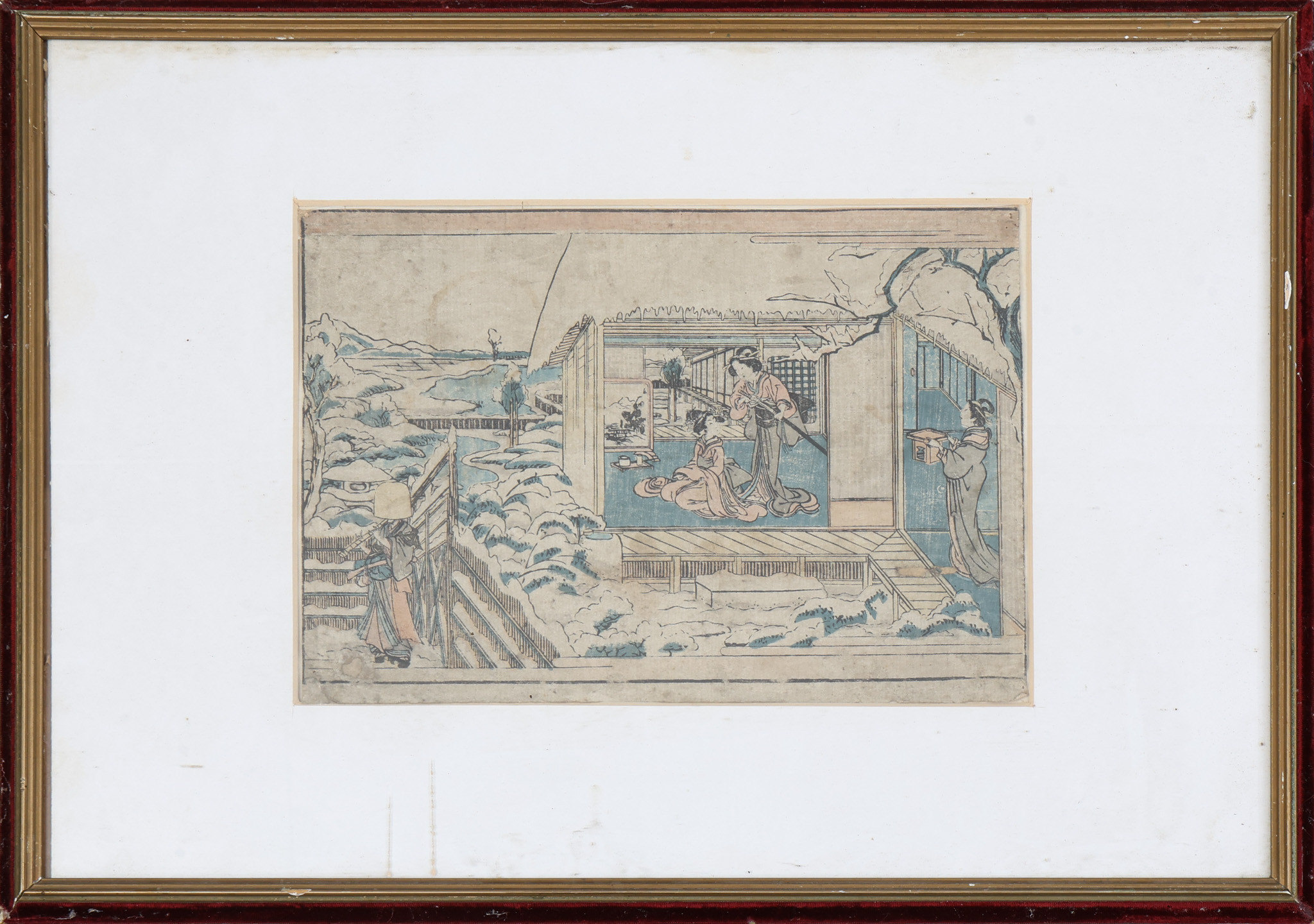 Träsnitt, handkolorerad, Japan, 1800-tal.