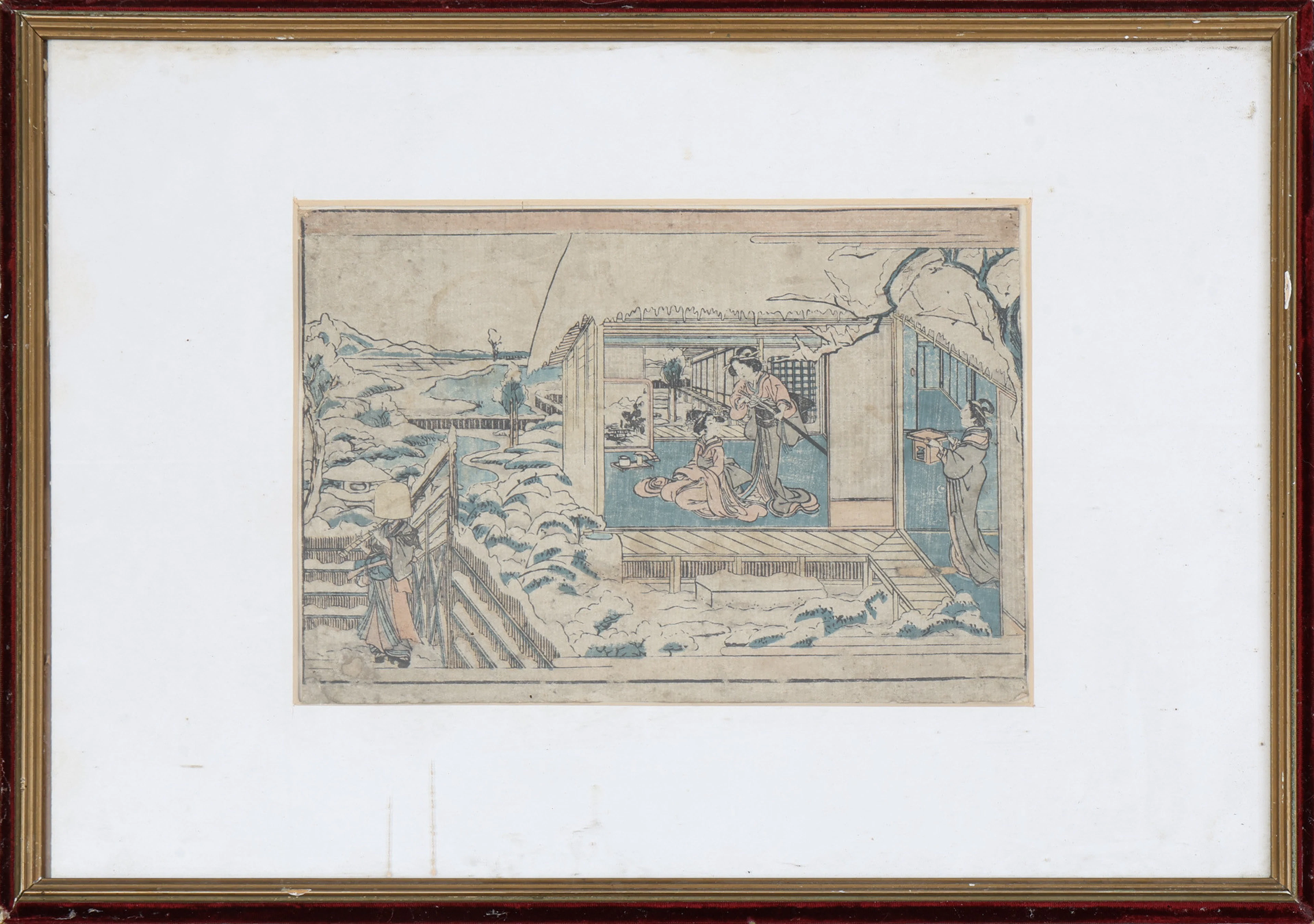 Träsnitt, handkolorerad, Japan, 1800-tal.