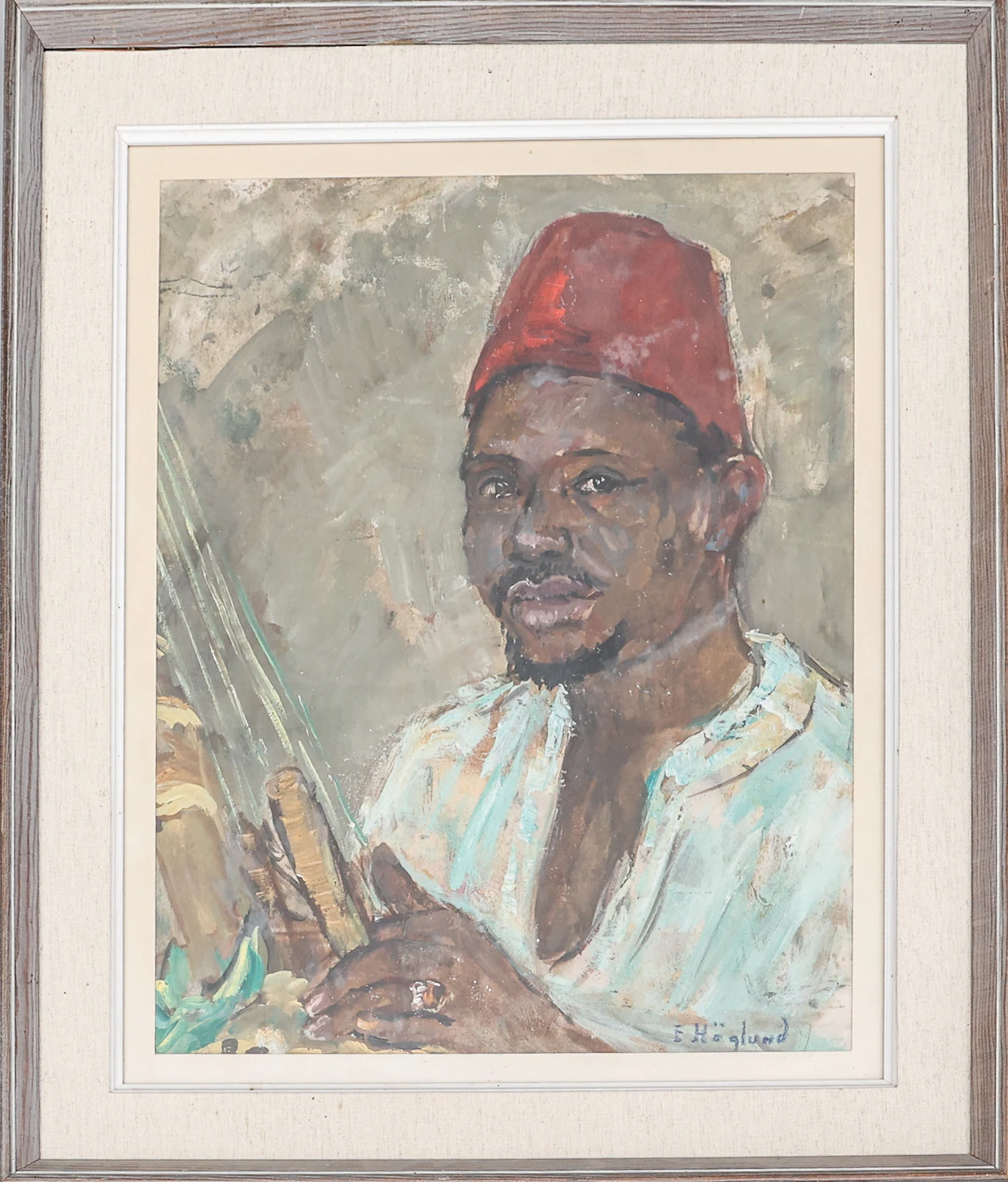 ELIN HÖGLUND. Gouache på papper, "porträtt, man med fez" signerad.
