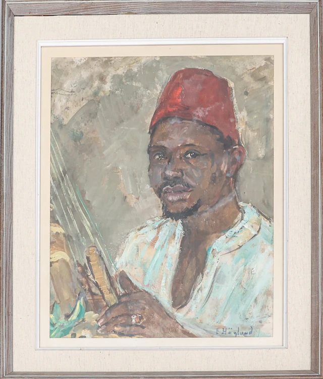 ELIN HÖGLUND. Gouache på papper, "porträtt, man med fez" signerad.